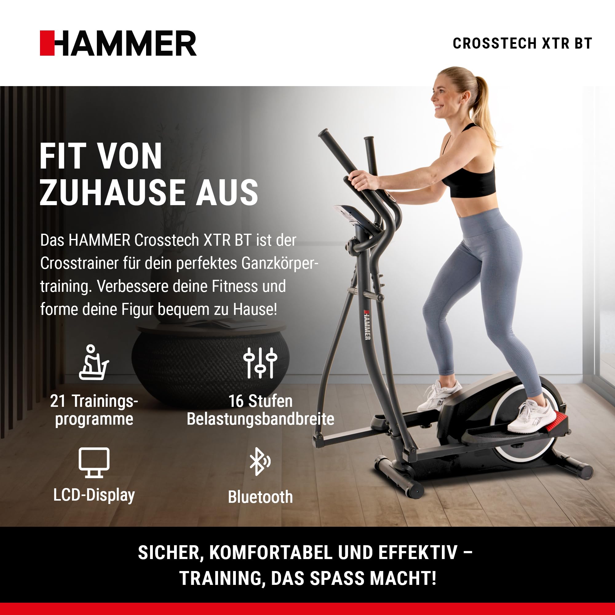 HAMMER Crosstrainer Crosstech XTR BT, Kompatibel mit Kinomap & Zwift, Heimtrainer 21 Programme