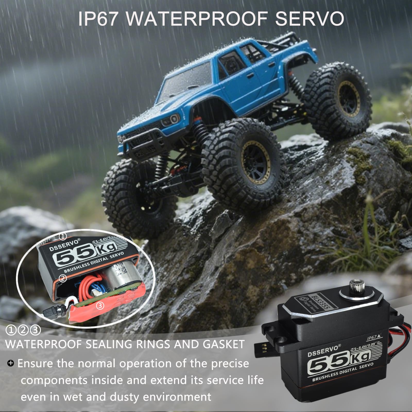 BLS3355 Servo numérique sans balais étanche IP67 55 kg avec bras servo 25T 5-8,4 V, pour voiture télécommandée 1/8ème 1/10ème RC sur chenille, camion tout-terrain, buggy robot (coque