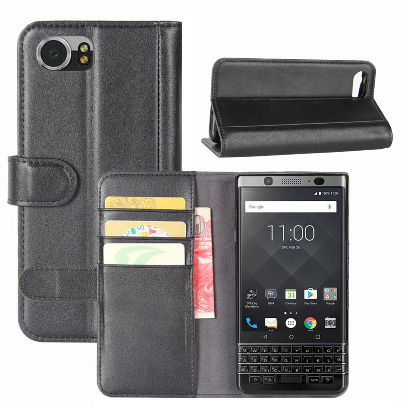 HualuBro BlackBerry Keyone Case, Genuine Leather Handmade Wallet Flip Phone Protective Case Cover for BlackBerry Keyone with Kickstand, Card Slots and Magnetic Closure - Black