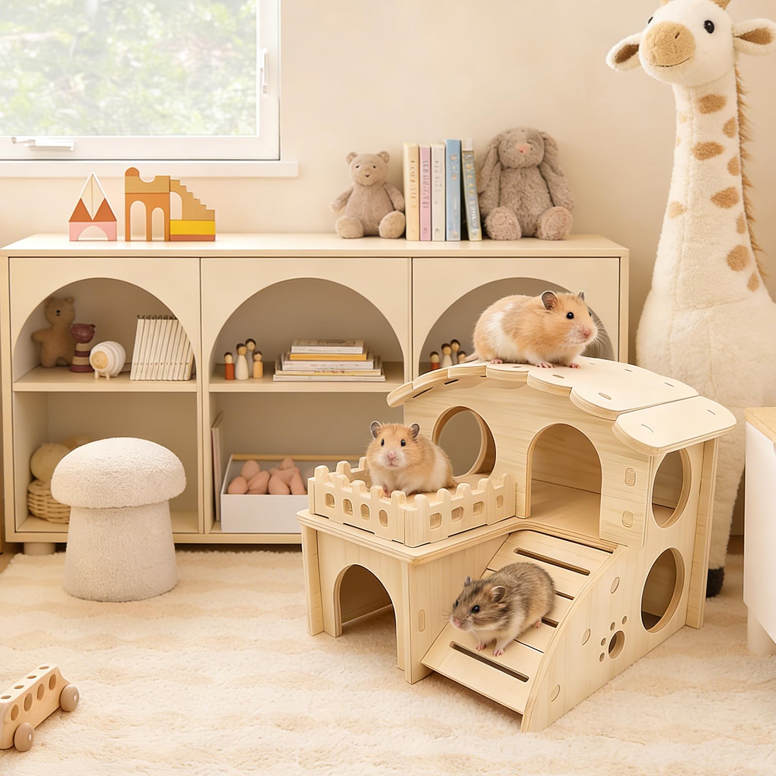 Casa di legno per criceti, casa per conigli, casa per criceti, casa per criceti con rampa, nascondiglio per animali piccoli, criceti conigli, accessori per animali domestici, criceto nano, gerbilli