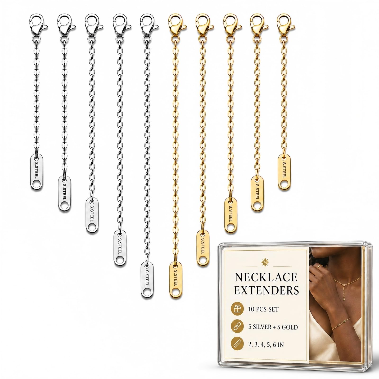 Extensores de collar de oro de 18k y plata en pack de 2 a 6 pulgadas