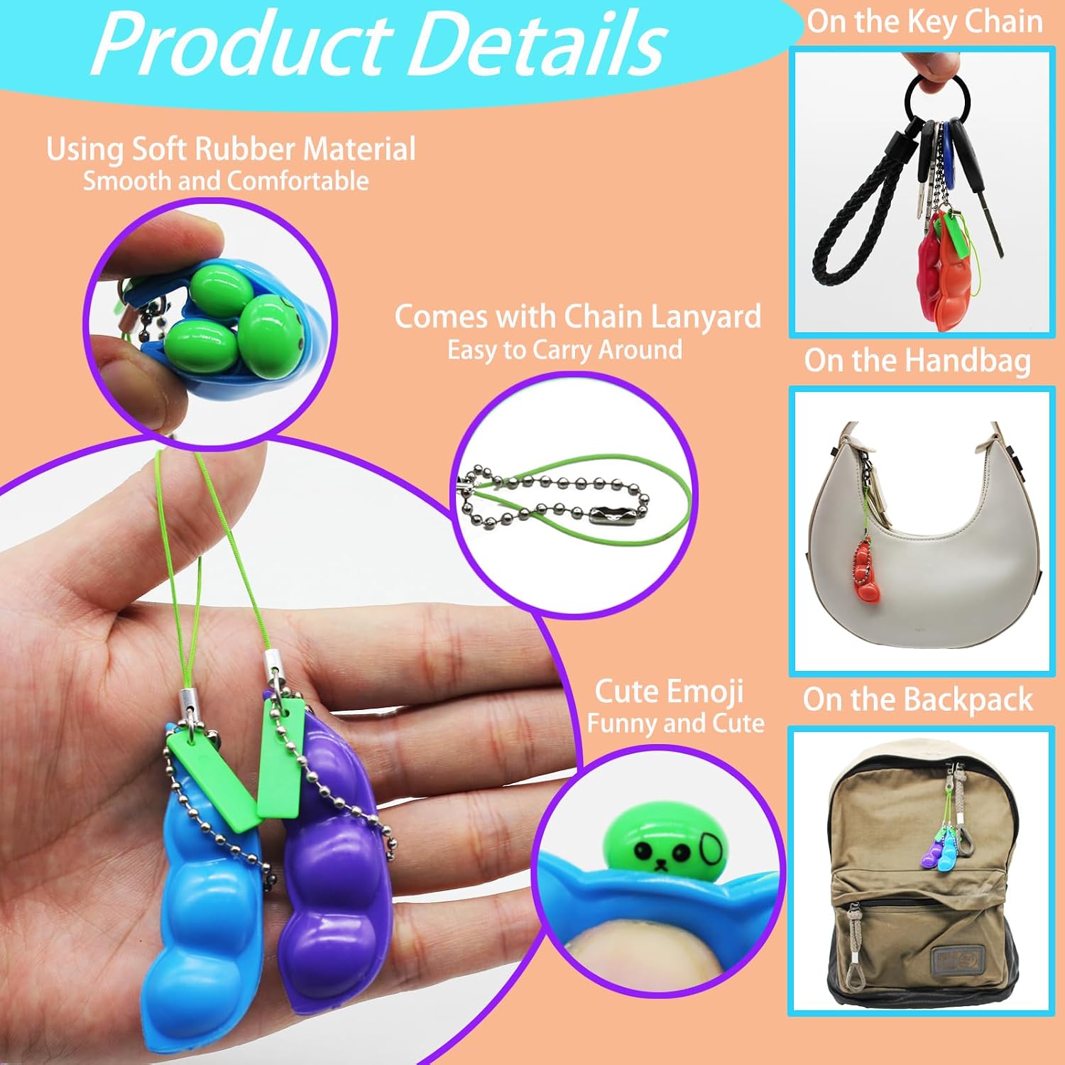 12 Pack Squeeze Bean Keychain Fidget Toys, Keychain Stress Relief Toys image 3