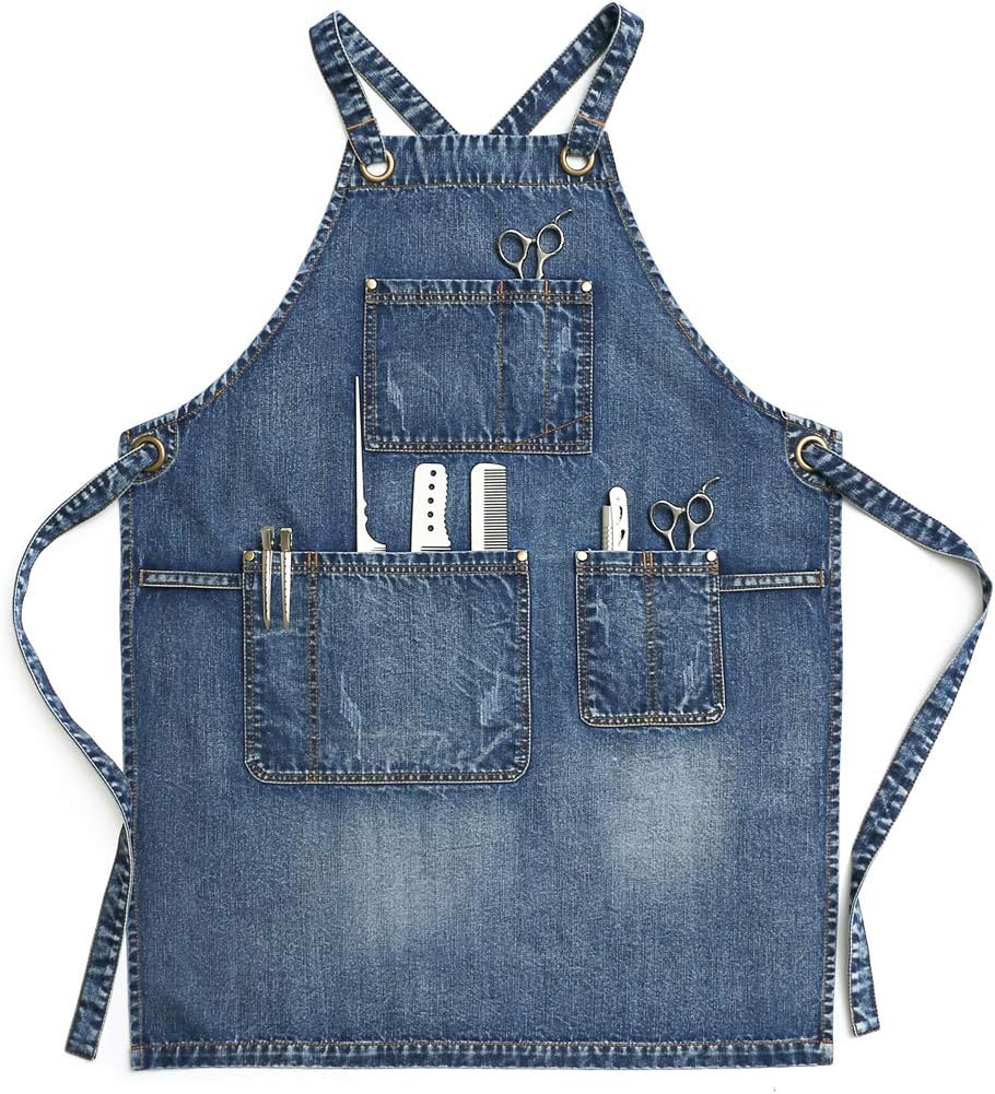 Jeanerlor Denim Hair Stylist Apron With Pockets for Women, Acid Washed Jean Work Tool Aprons Cross Back for Hairstylist (Denim Blue) Adjustable S to L