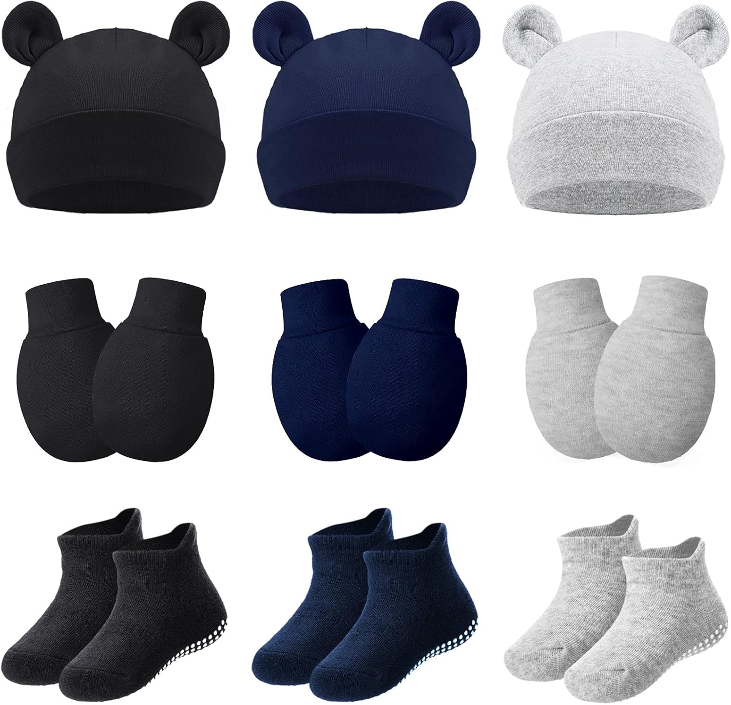 Geyoga 9 Pieces Newborn Baby Hat Mittens Sock Set Bear Ears Hat Mittens No Scratch Gloves for 0-12 Months Boy Girl
