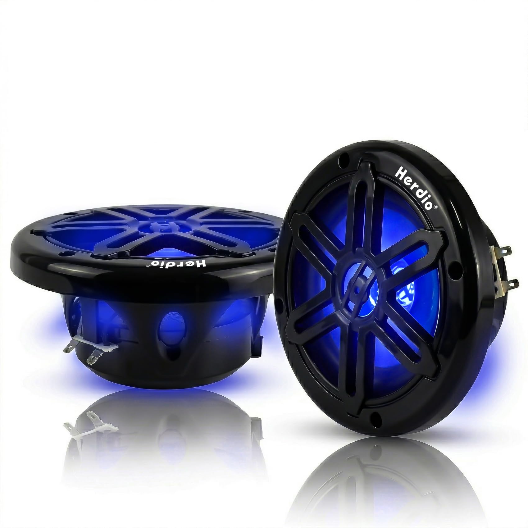 Herdio 5.25" 250W Marine Speakers - IP66 Waterproof Coaxial Audio, with Blue LED Light for Boats, ATVs, UTVs with UV Resistant Black Grille (A Pair)