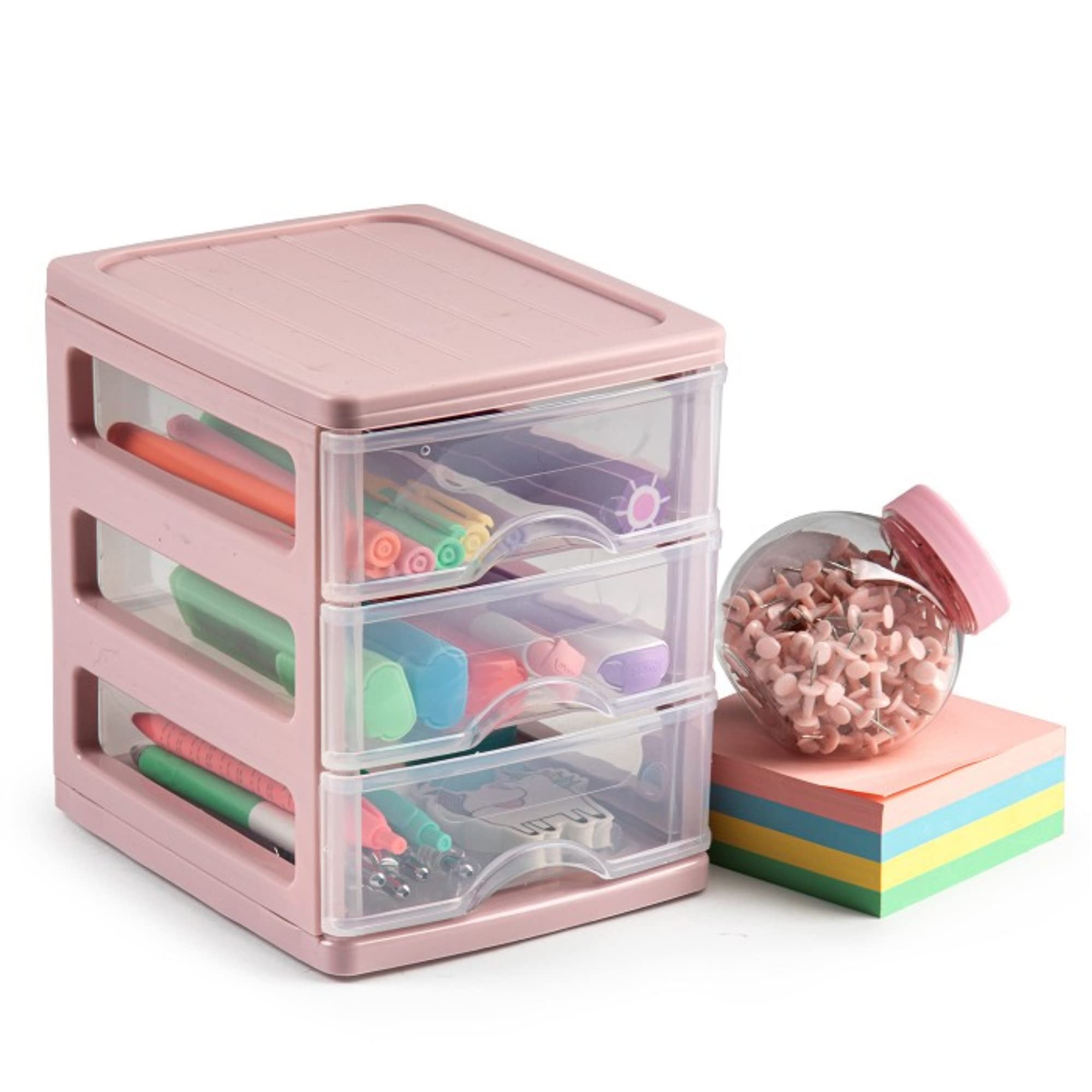 Plastic Desktop Storage Unit with Drawers, Stationary Arts Drawer Desktop Tabletop Organiser Storage Tower Unit for Office Bedroom Garage ((17 x 13.5 x 17cm, Pink with 3 Clear Drawers)) — view 5