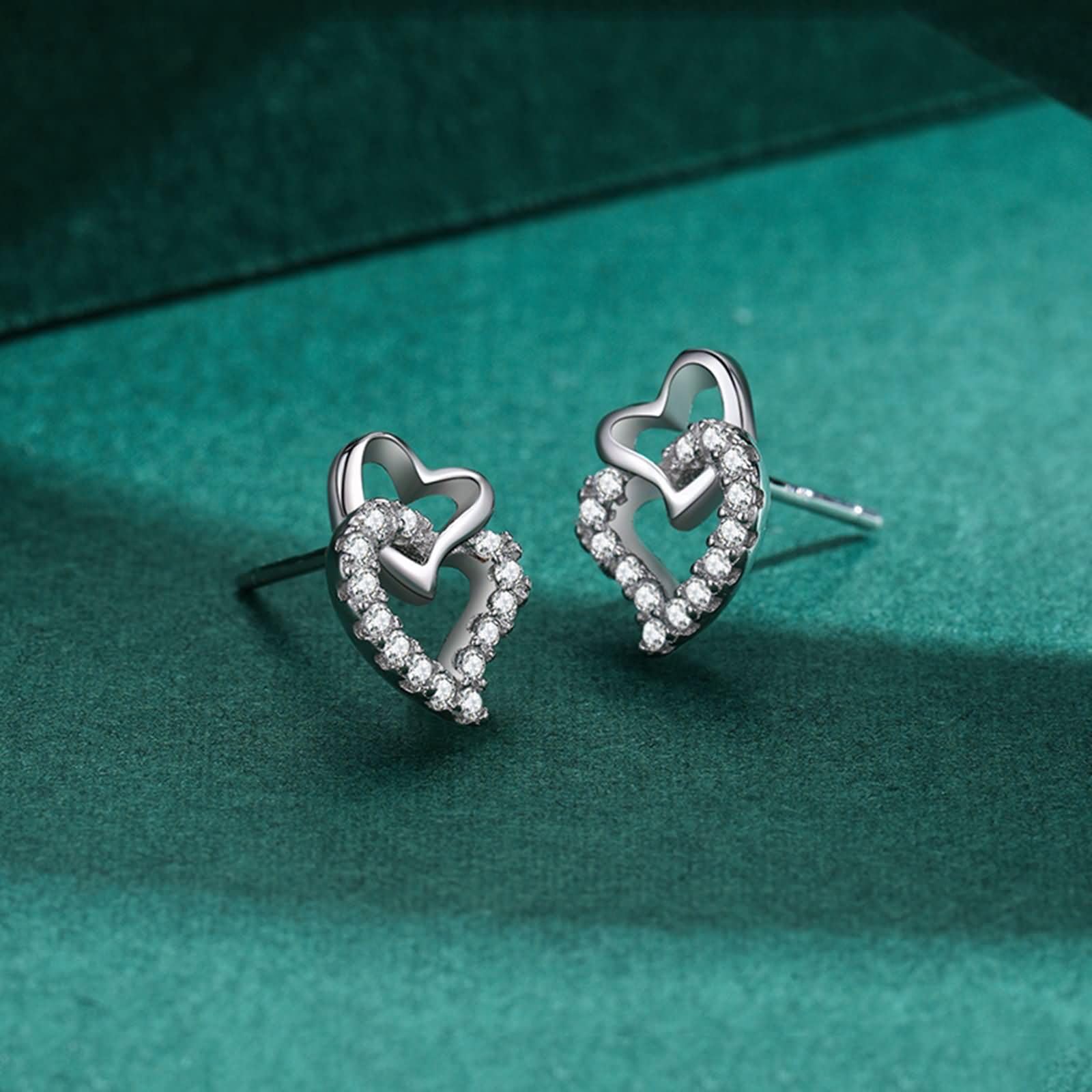 Pendientes de oro de 9/14/18 quilates para mujer, oro real, corazones entrelazados, aretes de tuerca pavé de moissanita