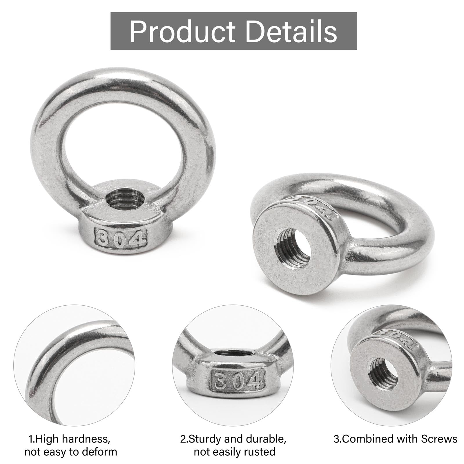 BREANIFULL Pack of 12 Stainless Steel M10 Ring Nut Eye Bolts Eye Nuts Stainless Steel Hanger Bolts M10 Stainless Steel Hardware Ring Eyelets for Rope Assembly Lifting Accessories - Image 3