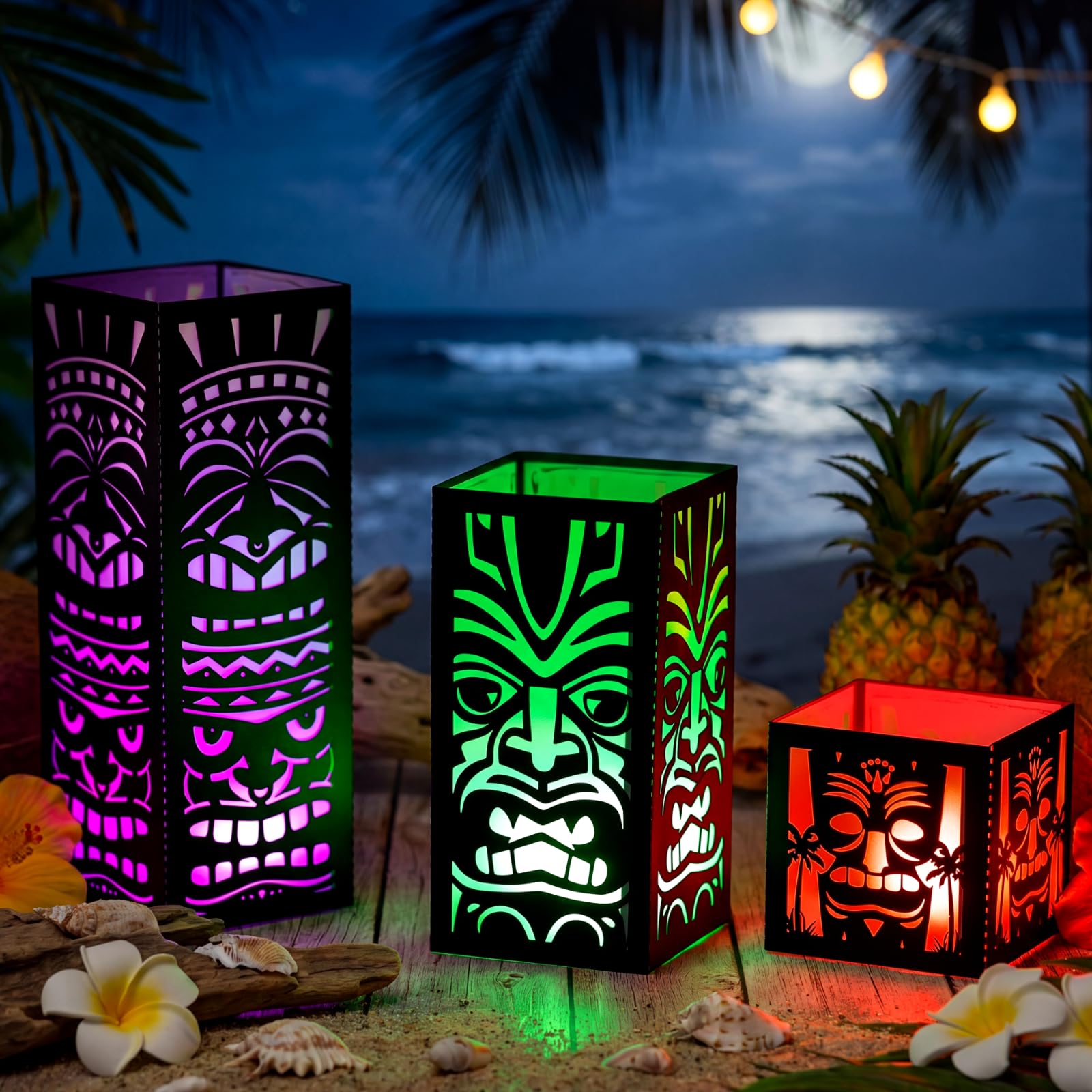 Photo 1 of Rossesay 12 Pcs Tiki Totem Boxes Decor Hawaiian Luau Centerpieces for Table 3 Size Paper Lantern Box Tropical Aloha Table Decoration for Survivor Summer Birthday Beach Tiki Bar Party Decor Supplies