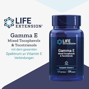 Life Extension Gamma E 60 Gluten-Free Softgels 30.15 mg Vitamin E per can Soy Free GMO Free Neutral in button