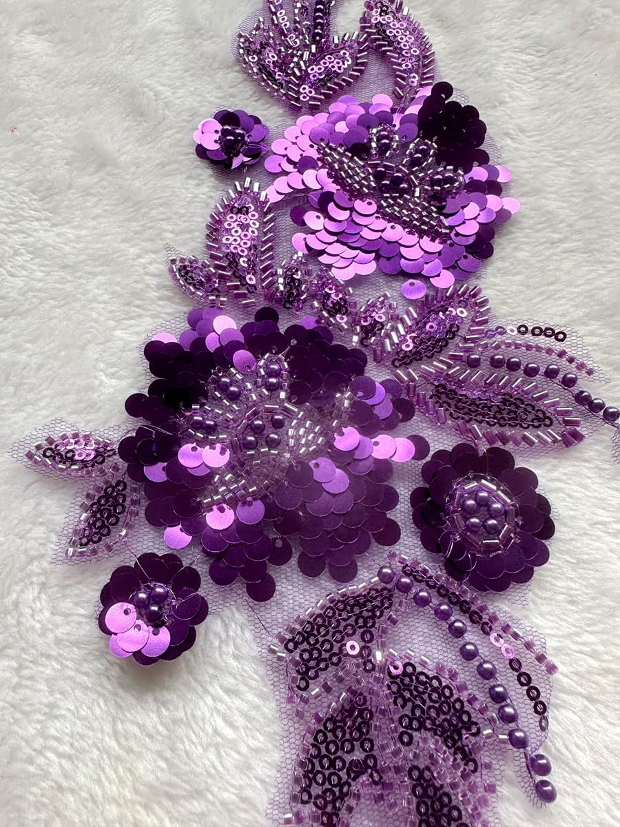 Handmade Sewing Sequin Beaded or Pearl Flower Fabric Lace Applique for Wedding Dress Gown Bodice Costume Clothing Craft DIY 2PCS/Bag 5.9X12.2inches (Purple)