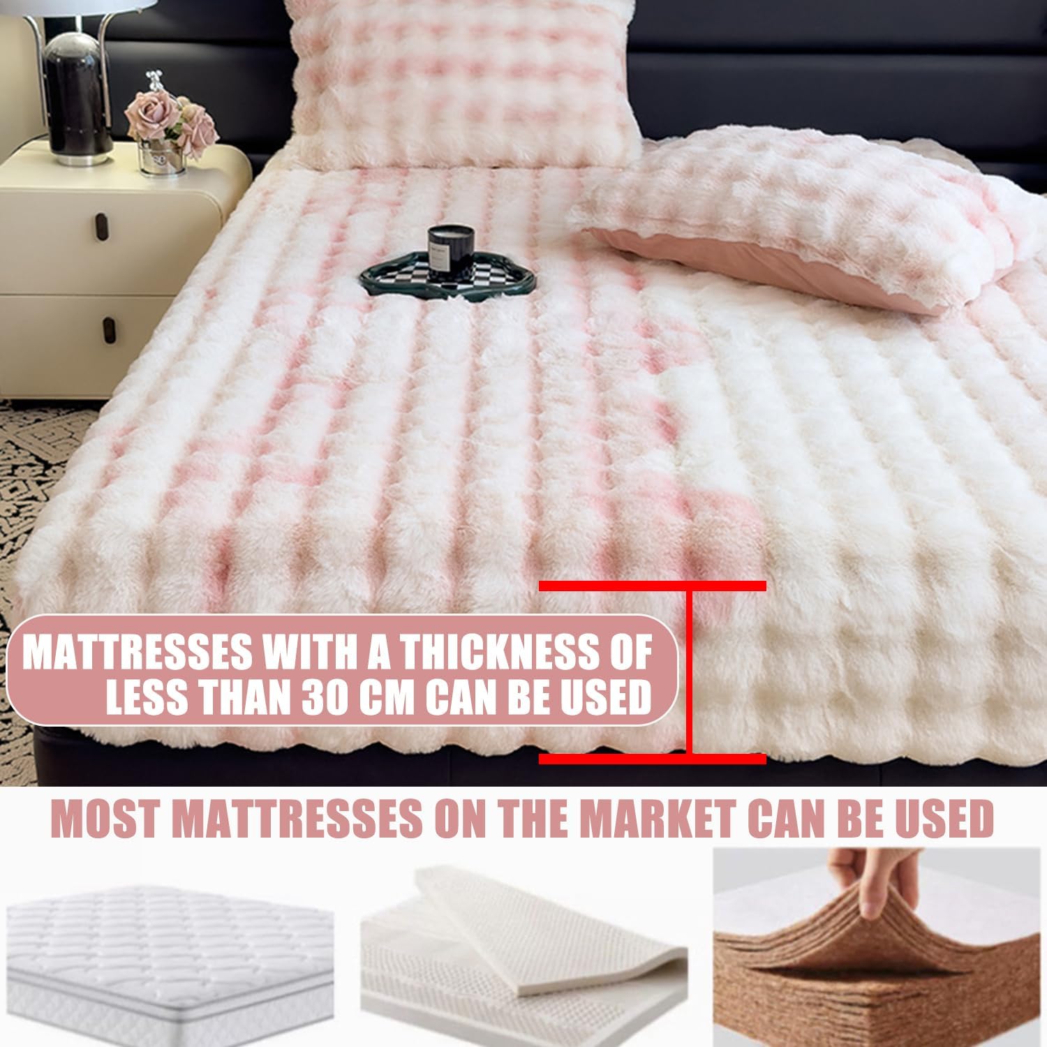 Fluffy Plush Mattress Protector Velvet Soft Mattress Cover with 10'' Deep Pocket Winter Thicken Fitted Sheet Warm Decorative Bed Non-Slip Mattress Topper Protector,Purple,Pillowcase*2