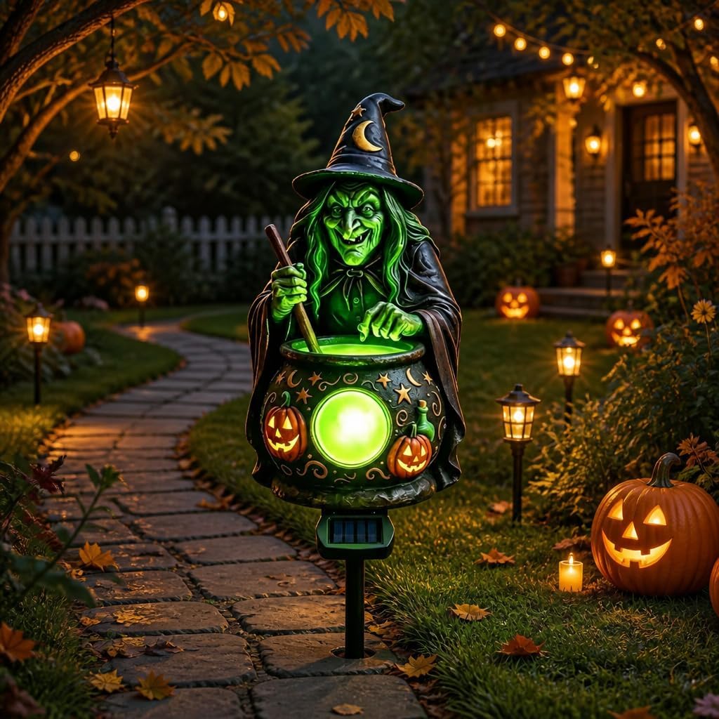 Halloween Solar Witch Cauldron Garden Stake Light,Spooky Nights Glowing Outdoor Decor Yard Lawn Pathway