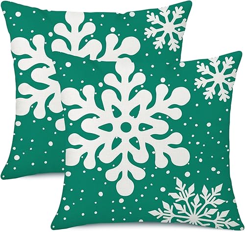 Juego de 2 fundas de almohada verdes de Navidad de 18 x 18 pulgadas, juego de 2 fundas cuadradas de lino con copos de nieve para decoración de