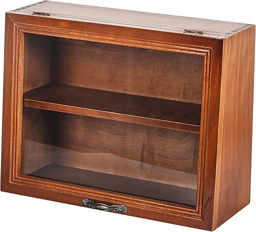 Mini vitrina de 2 niveles, organizador de almacenamiento de madera con puerta libre de polvo, estante de dos niveles y caja de almacenamiento de