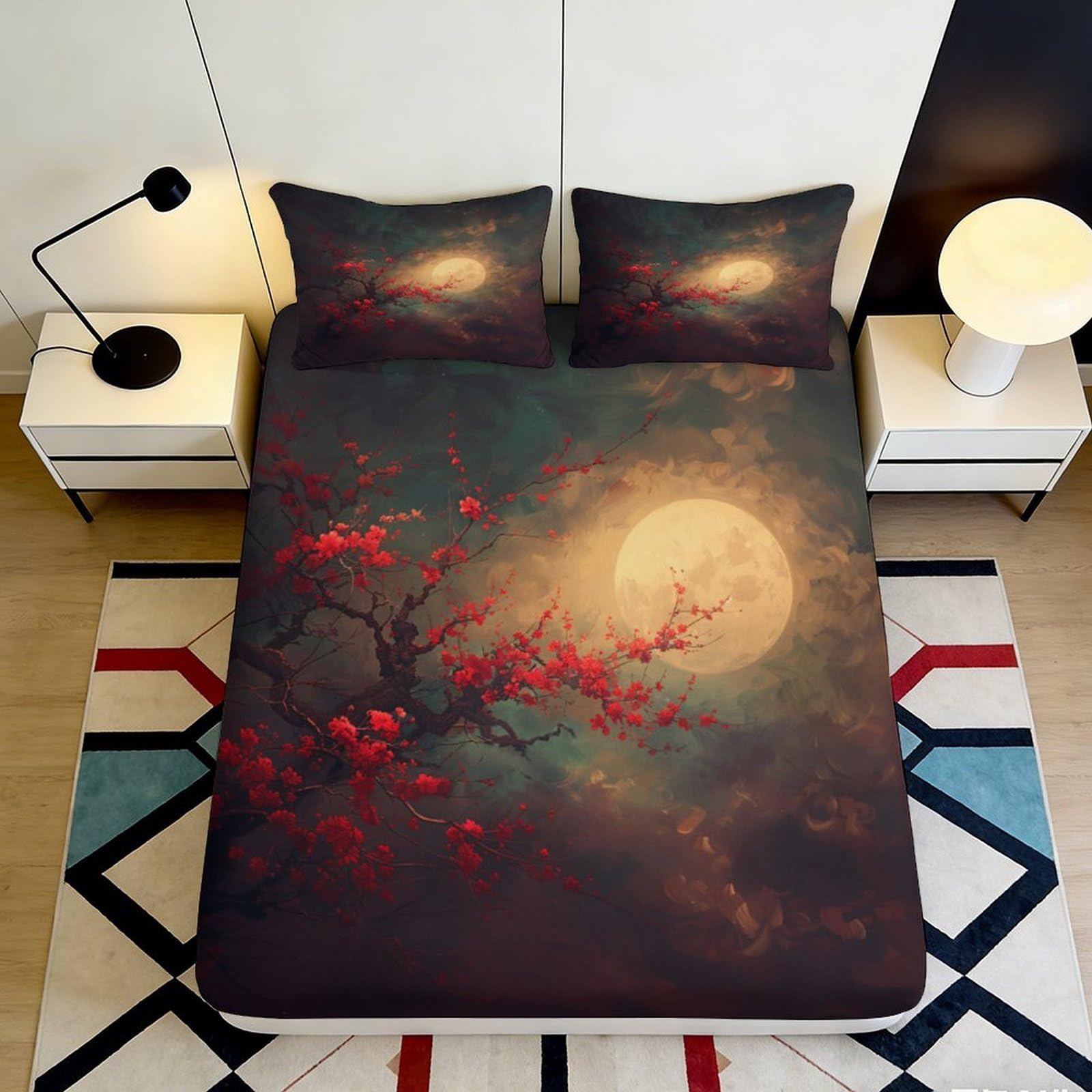3D Printed Moon Blossom Fitted Sheet Microfiber Deep Pocket Bedroom Bedding Moon Blossom Mattress Fitted Cover Washable 200x200x25cm 90x200x25cm