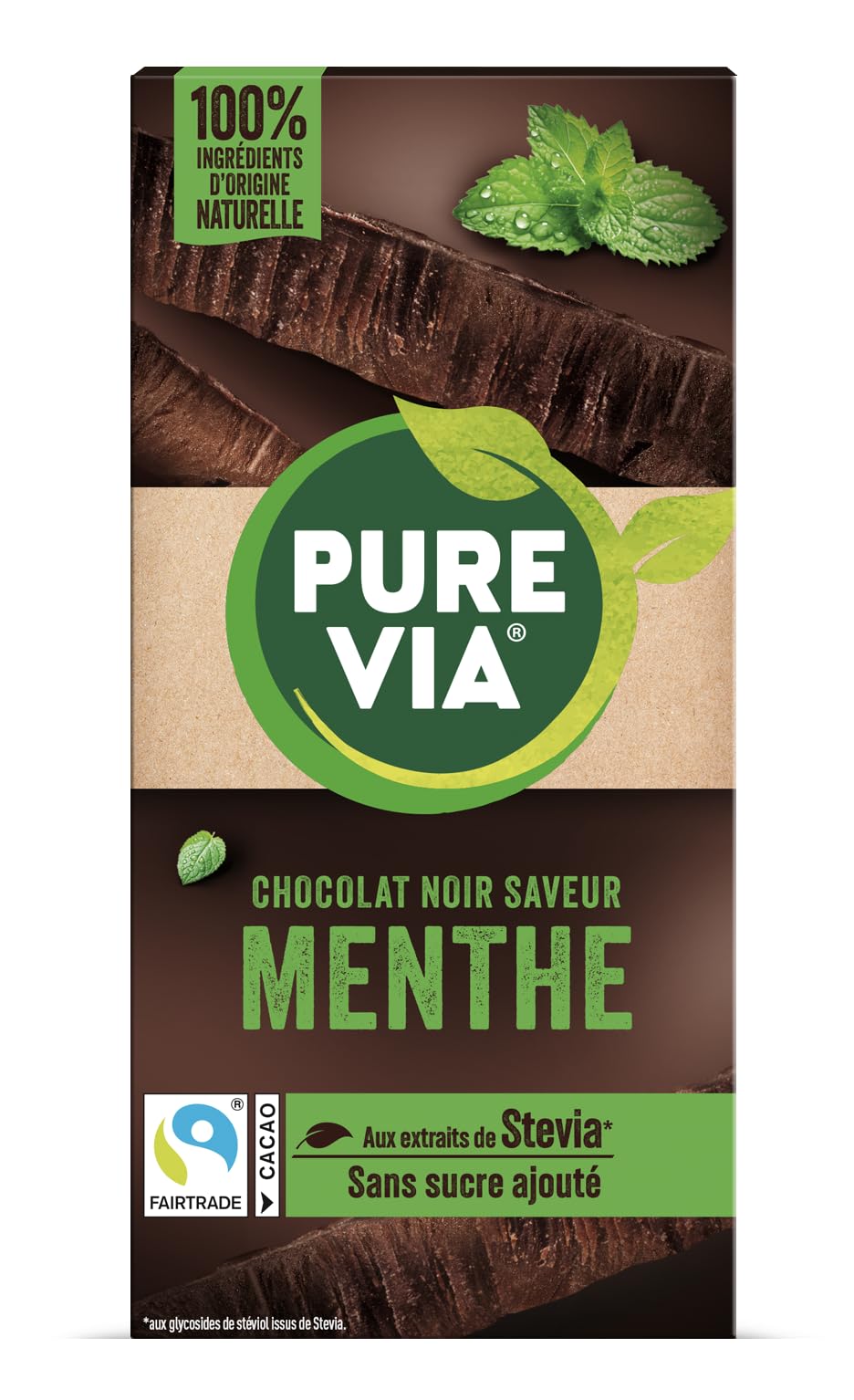 Pure Via Tablette Chocolat Noir Saveur Menthe à la Stevia, Sans sucre ajouté, Équitable 100g