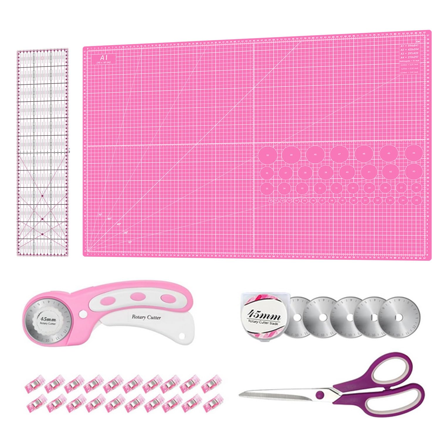 Rotary Cutter Set Pink- Quilting Kit incl. 45mm Fabric Cutter, 5 Extra Rotary Blades, A1 Self Healing Cutting Mat, Acrylic Ruler and Sewing Clips, Scissors, Ideal for Crafting, Sewing, Patchworking โ image 1