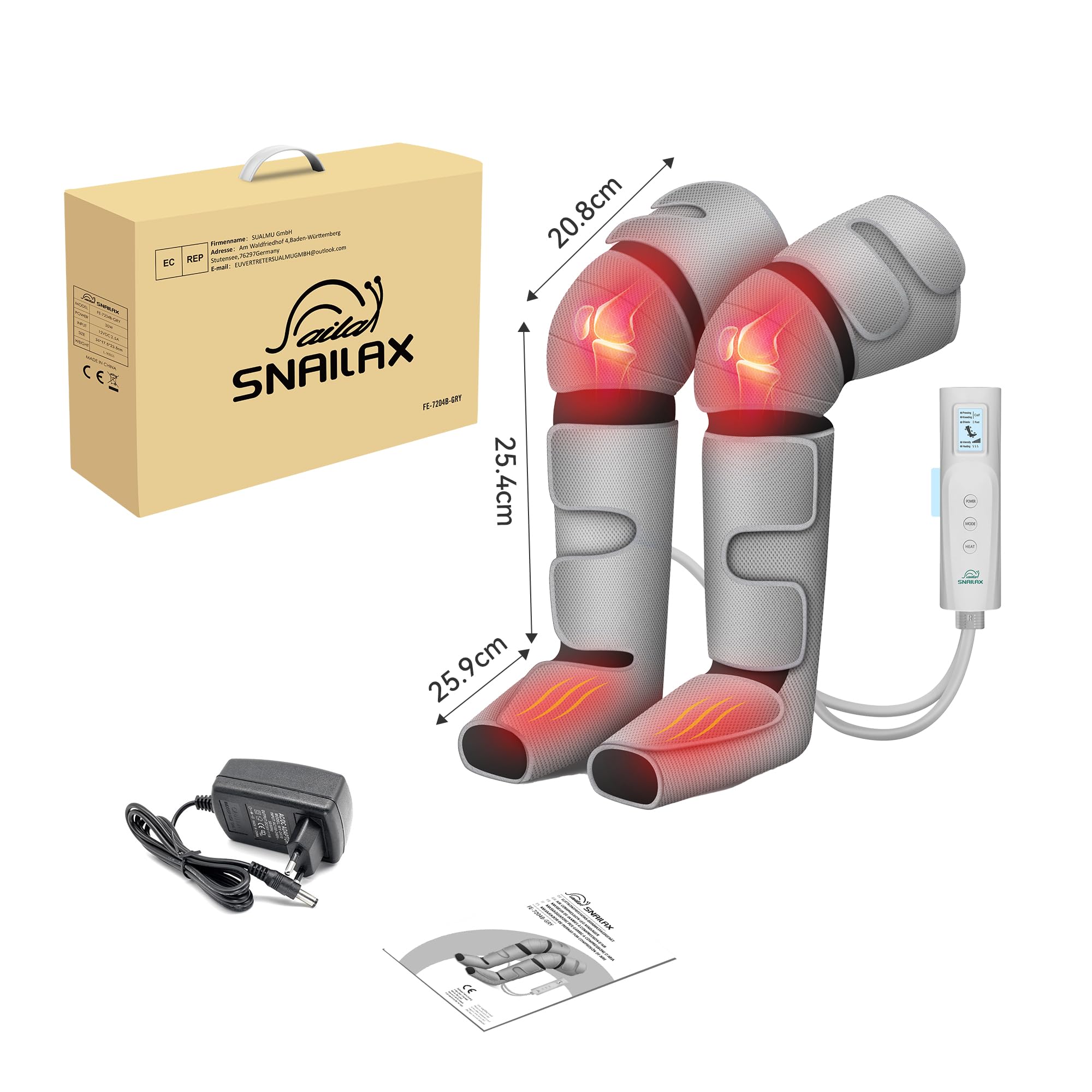 Snailax Massaggiatore per gambe a compressione, Massaggio per ginocchia e polpacci con calore, Massaggiatore per gambe con impastamento 4D per tessuti profondi, Regali, Grigio