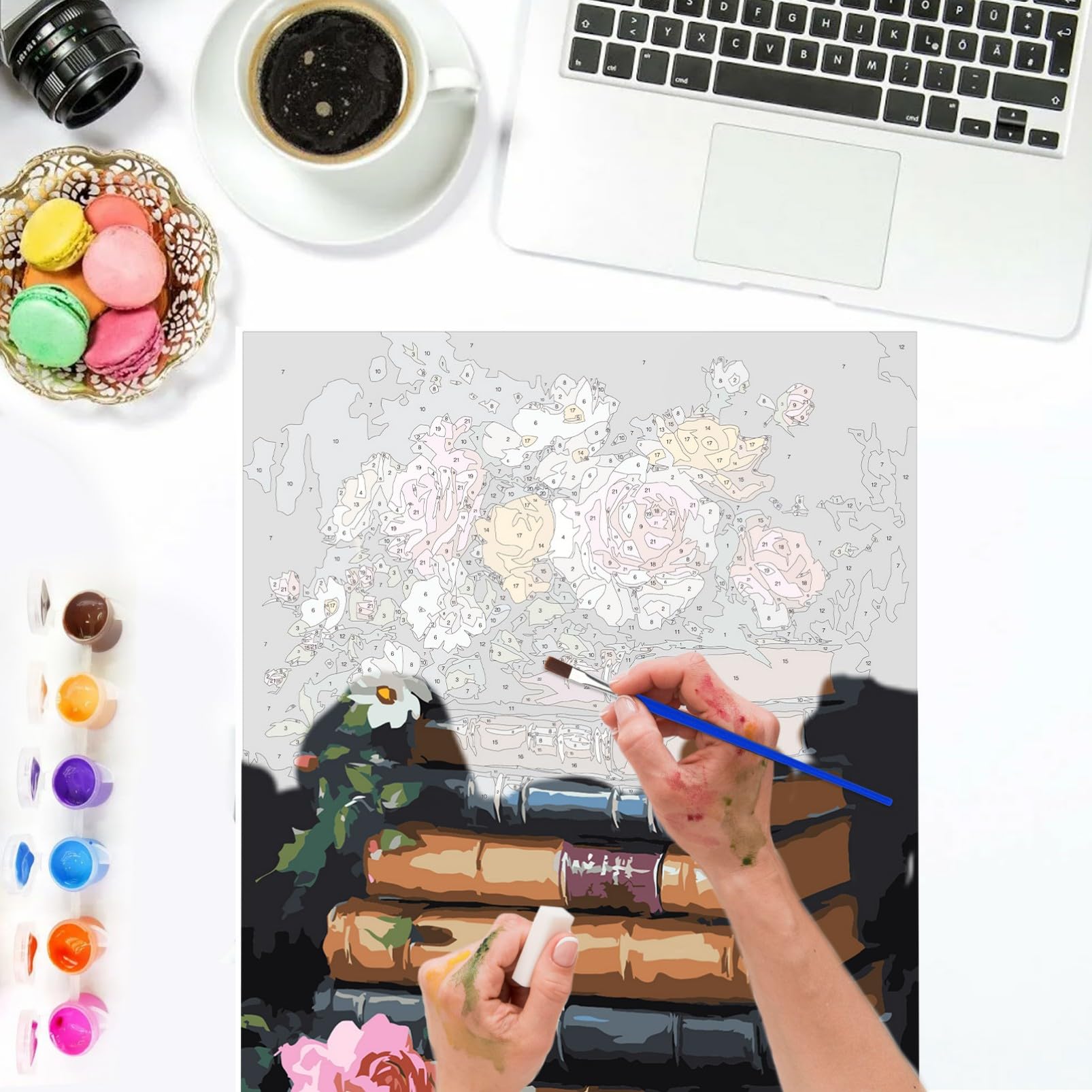 Kit Peinture Par Numéros Adulte Roses Vintage 30x40cm Encadrée - AIRDEA Toile Prête à Peindre Avec Pinceaux Et Acryliques, DIY Décoration Maison