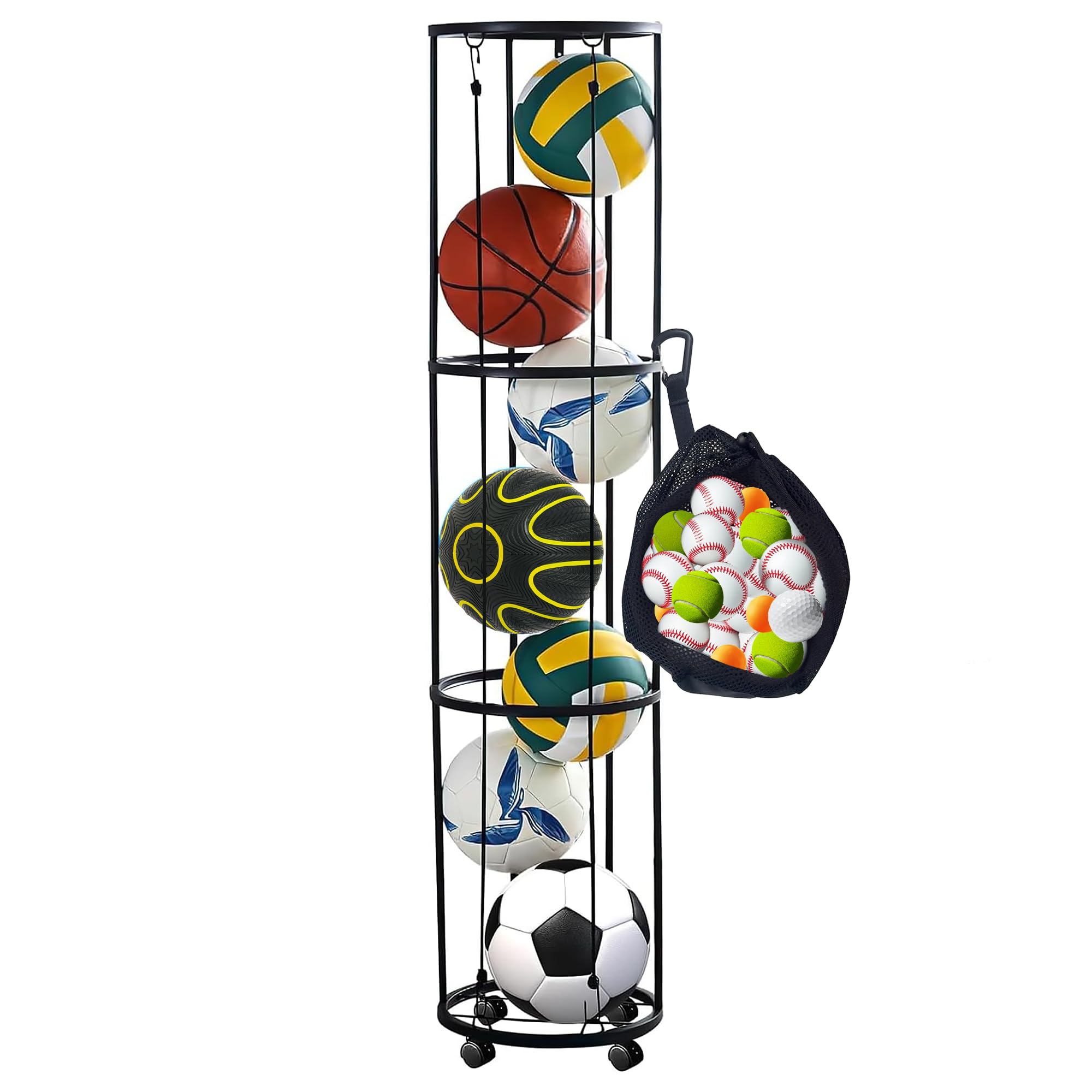 Shiawase 3 Tier Ballständer mit Rollen Sparende Abnehmbare Stehend Ballhalter mit Netto, Ball Aufbewahrungsregal, Garage Ball Aufbewahrung Sports Storage für Volleyball, Basketball, Fußball