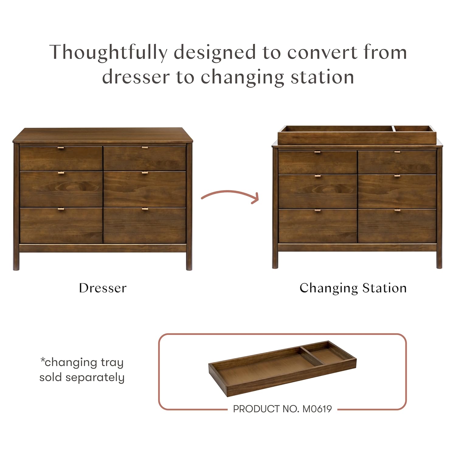 Babyletto Bondi 6-Drawer Assembled Dresser in Natural Walnut with Vegan Leather Drawer Pulls, Greenguard Gold Certified