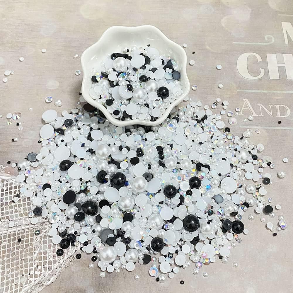 100g Mix Resin Rhinestones Flatback Half Round Pearls Mixed Size 3mm-10mm AB Color Half Pearls Resin Rhinestones for DIY Craft Nail Art Shoes Clothes Phone Case (Black White Series) - Image 3