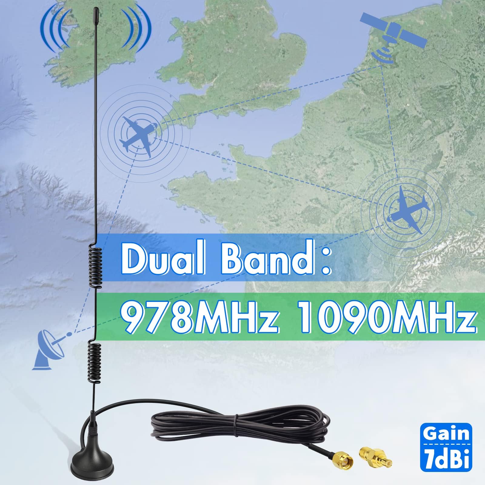 Bingfu Antenna RTL SDR Bibanda 978MHz 1090MHz 7dBi Base Magnetica SMA Maschio MCX per Ricevitore ADS-B Aviazione Radio Definito Software RTL SDR Ricevitore Sintonizzatore Dongle USB Stick