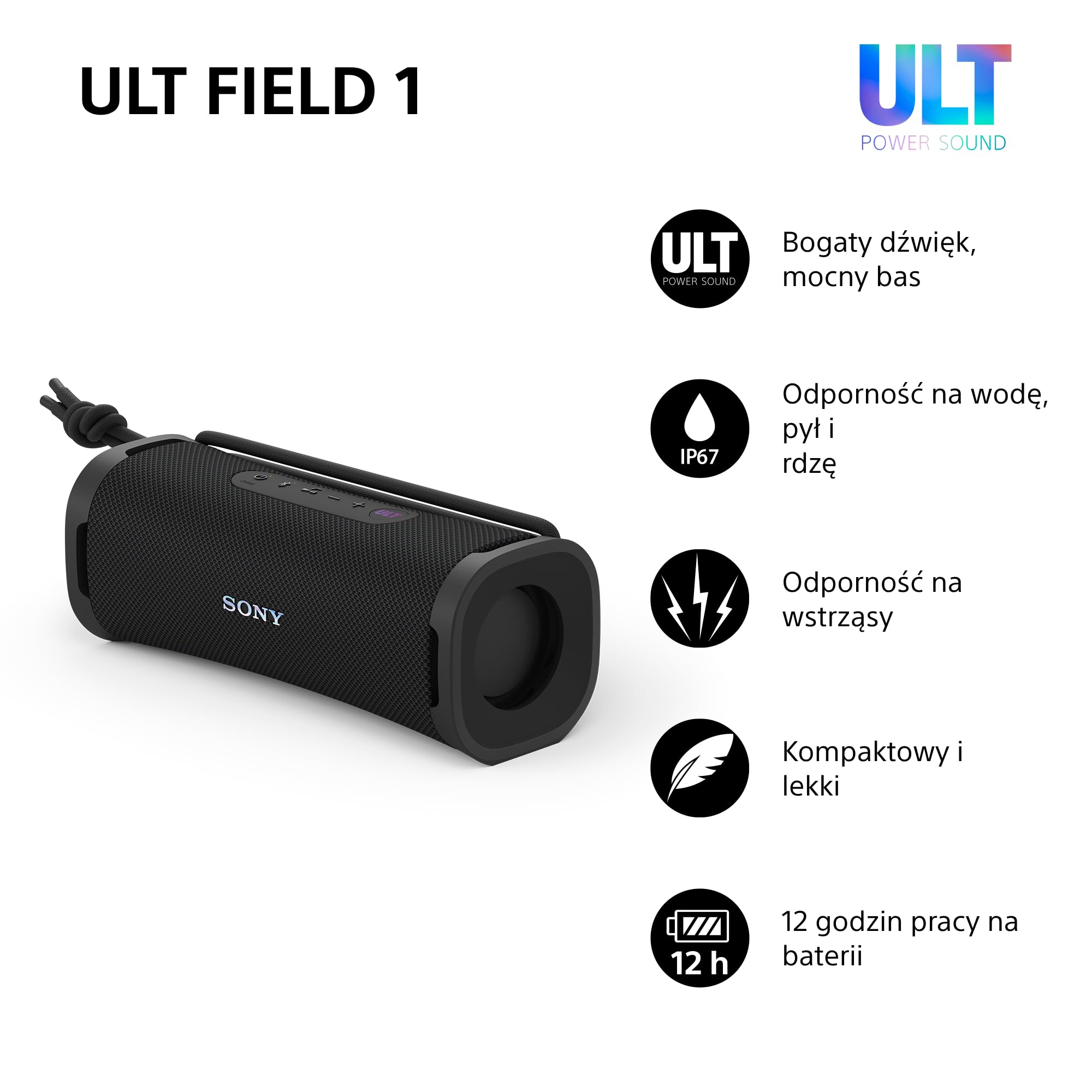 Sony ULT FIELD 1 Bezprzewodowy, Kompaktowy Głośnik Bluetooth z ULT POWER SOUND, Głęboki Bas, IP67, Wodoodporny, Pyłoszczelny, Odporny na Wstrząsy, Bateria do 12 godz., Rozmowy tel., Czarny