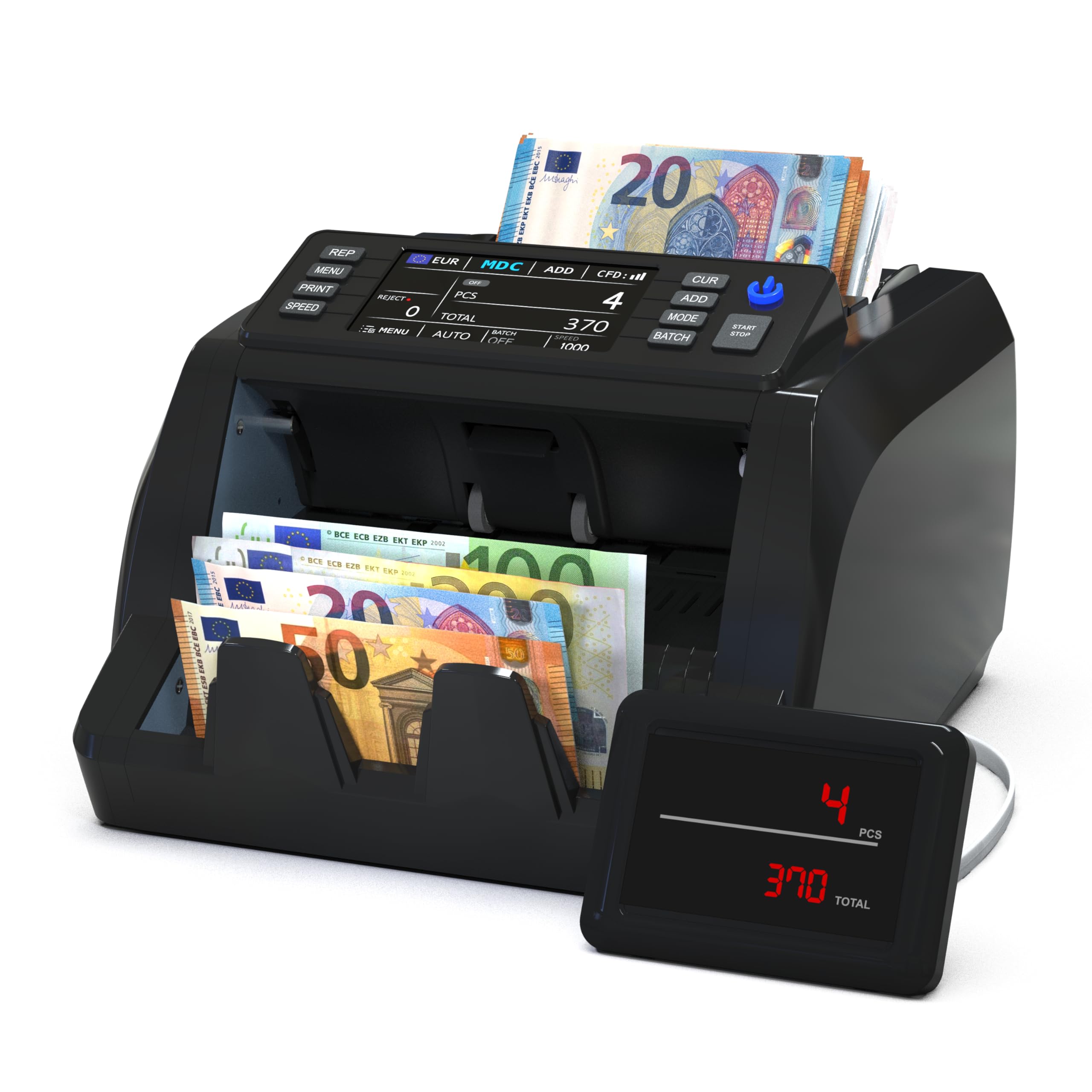 Detectalia V20 Banknotenzähler mit UV/MG/IR/MT/CIS Erkennung, 4,5” Touchscreen + Externes Display, Seriennummern-Lesung, Multiwährungs-Mischzählung (EUR/GBP/CHF/USD/SEK/PLN/TRY/DKK), 1200 Scheine/Min