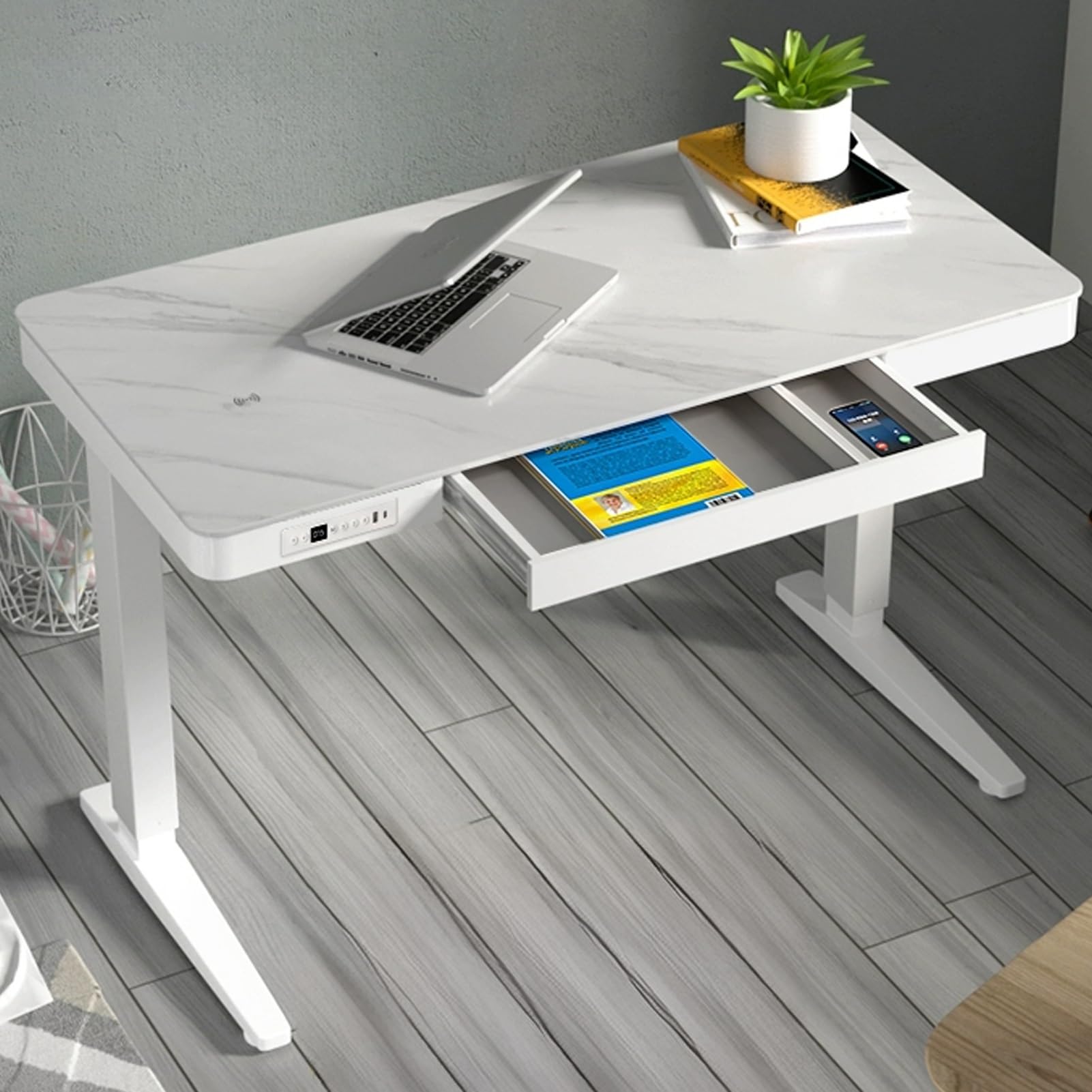 MYUYEE Jkghk Adjustable Standing Desk, Stand Up Desk With Slate Desktop, Sit Stand Desk With 3 Level Memory Key And Single Drawer Storage, For Home Office (White-39In)