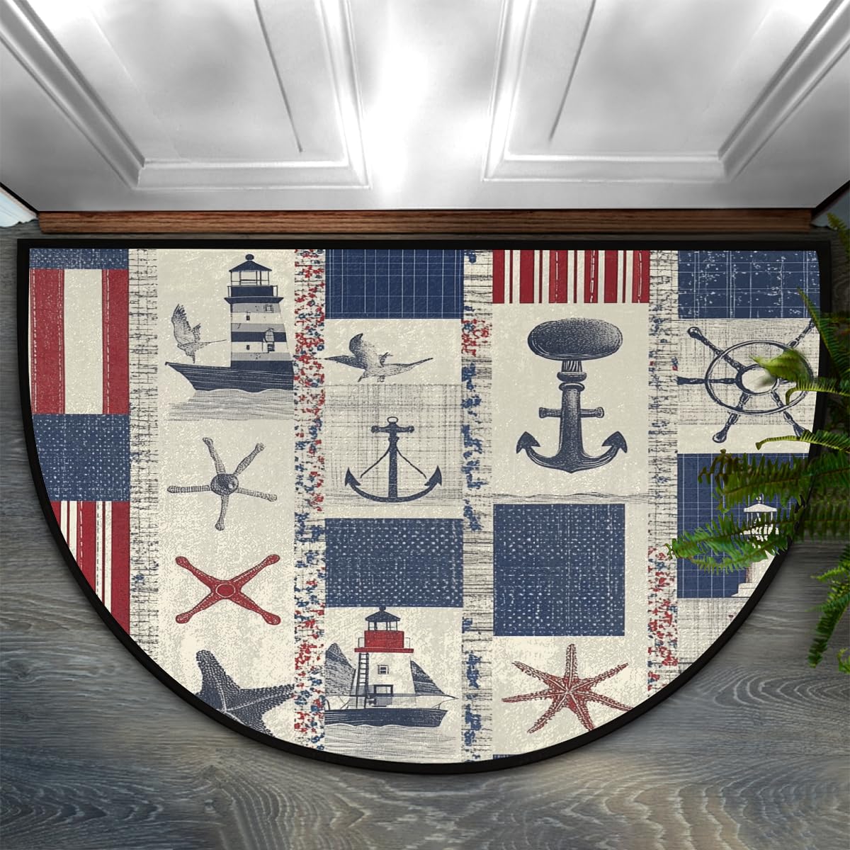 Mexpekil Half Round Door Mat, Nautical Motifs Anchor Non-Slip Semi Circle Area Rug for Front Door Hallways Entrance, Washable Indoor Outdoor Doormat