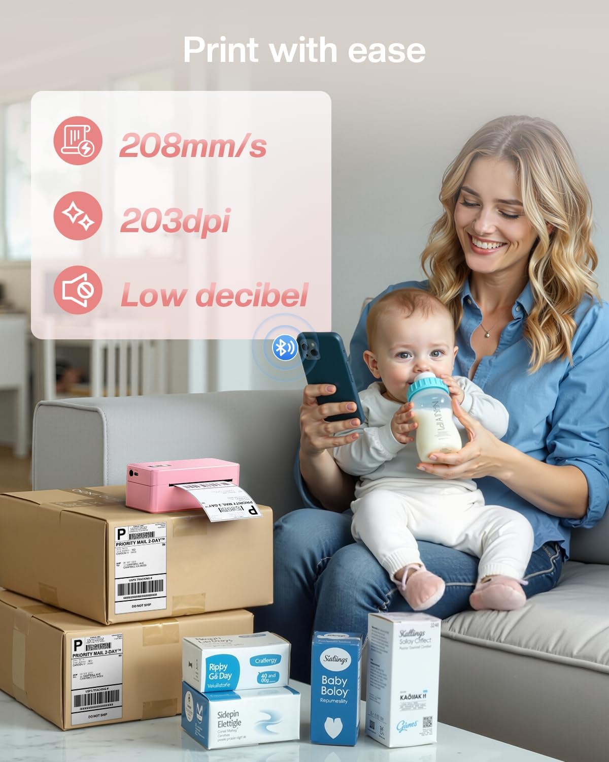 Bluetooth Thermal Shipping Label Printer, 2410BT 4x6 Label Printer for Small Business, Pink Label Printers Compatible with iPhone/Android & PC, Widely Used for Ebay, USPS, FedEx, Tiktok - Image 5
