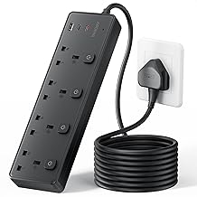 Extension Lead with 3 USB Slots(30W),4 Way Sockets Outlets Ports Extension Cable with 4 Individual Switches Surge Protected，Wall Mountable Extension Socket for Home,Office,School,5M,Black