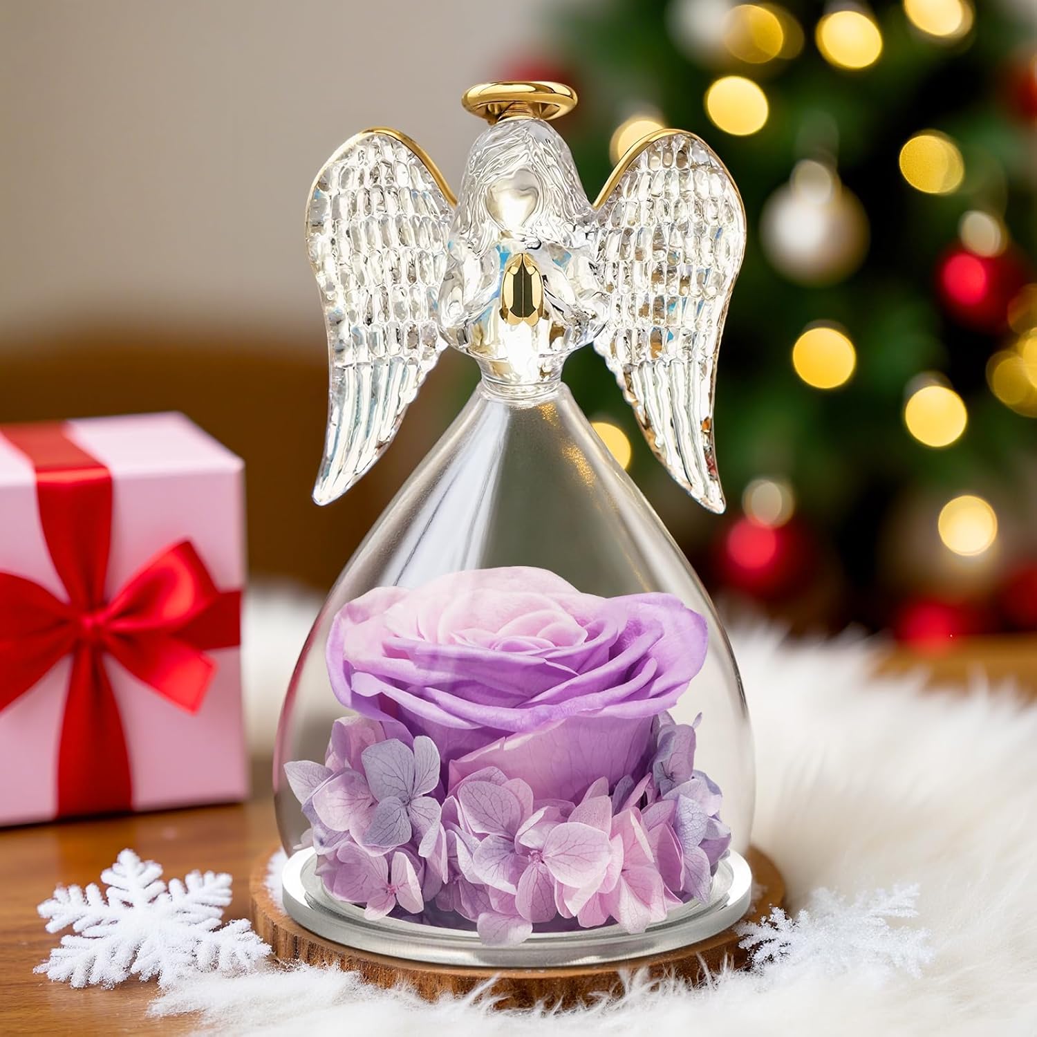 Yamonic for Mom, Moms Birthday Gifts for Women Grandma, Angel Figurines with Preserved Real Flowers Rose for Mothers Day, Wife Anniversary, Valentine's Day Gifts for Her(Pink+Purple) - Image 5