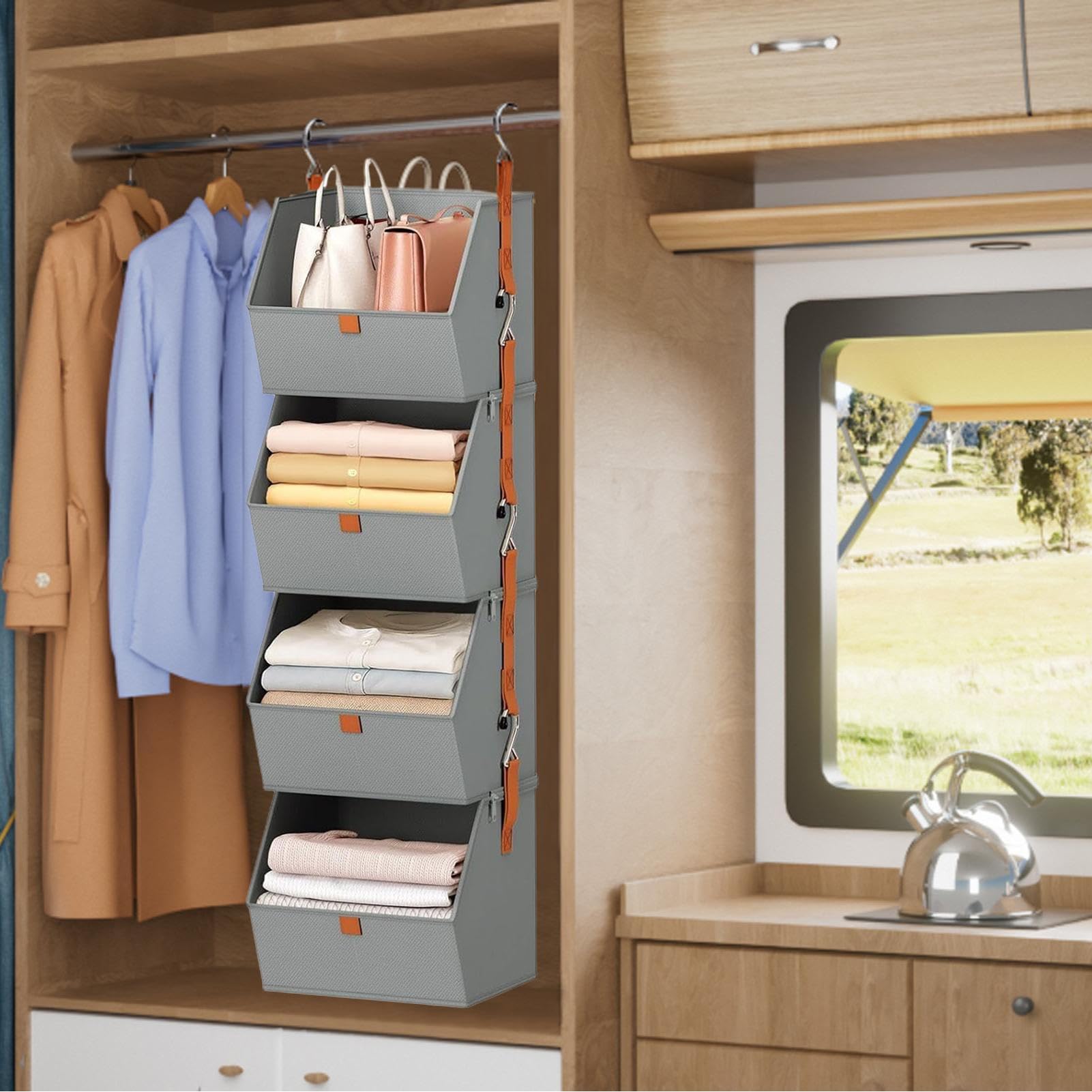 Schrank-Organizer mit 4 Ebenen – hängende Kleideraufbewahrung | Schlafzimmer-Aufbewahrungssystem | Würfelregale Boxen Organizer Lösung für Zuhause, Wohnheim, Wäsche, Waschtisch, Garage, Speisekammer