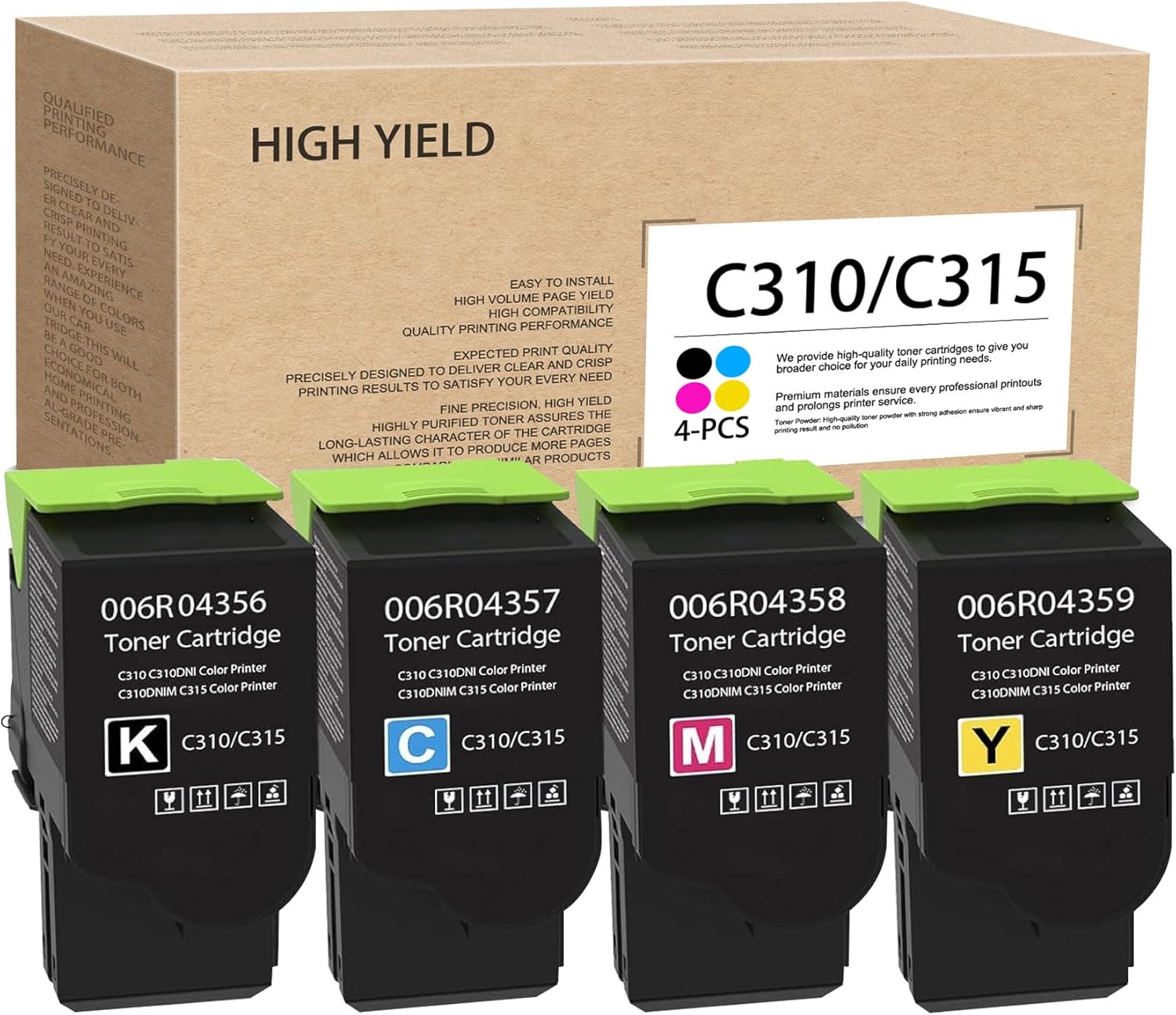 C310 / C315 Toner Cartridges Set: 4 Pack 006R04356 006R04357 006R04358 006R04359 Replacement for Xerox C310 C310DNI C310DNIM C315 C315DNI Printer (BK+C+M+Y)