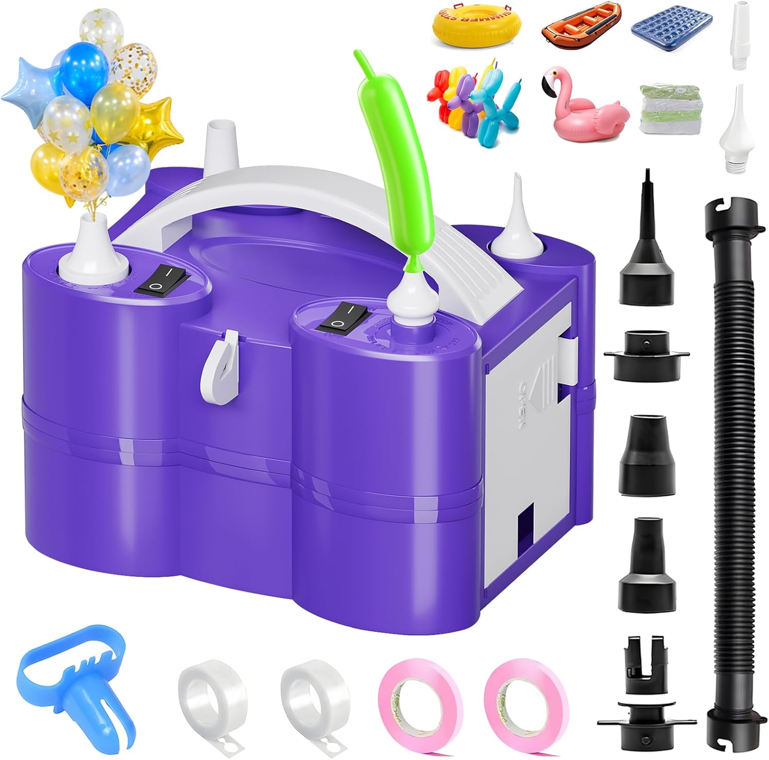 FLSEPAMB Electric Balloon Pump, 3-in-1 Portable Electric Air Balloon Blower Machine Balloon Pump 2 Motor Dual Nozzle Balloon Inflator for Latex 260Q Long Foil Balloons Swimming Rings Air Beds Purple