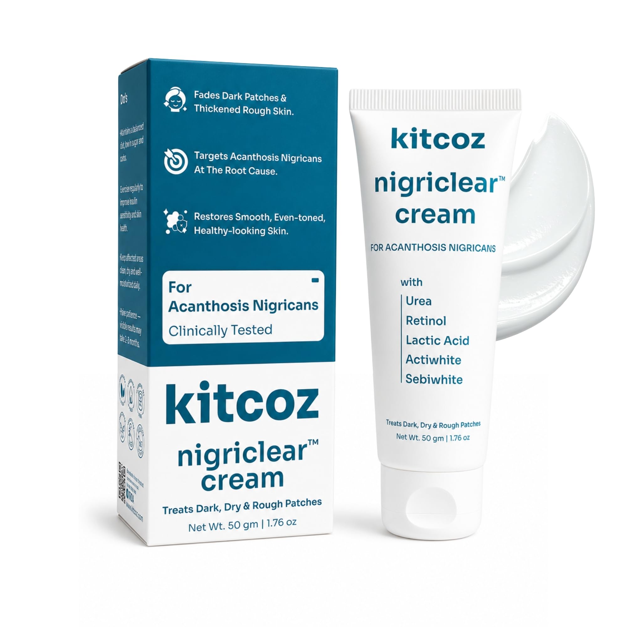 Kitcoz Nigriclear™ Cream for Pigmentation (Acanthosis Nigricans) with Urea, Retinol & Lactic Acid | Treats Dark, Dry & Rough Skin Patches on Neck, Elbow, Knees, Armpits & Thighs | Diabetes Care | Daily Use Safe - Men & Women (50gm)-image-22