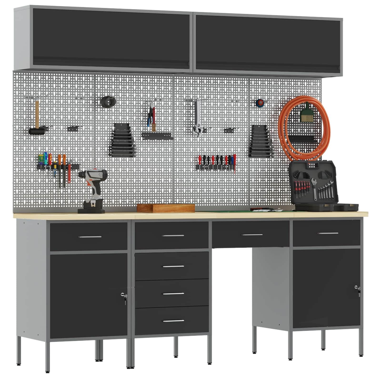 Juego de armarios de trabajo con cajones, acero pulverizado negro y material de madera, 200 x 55 x 200 cm, 10 piezas, taller o garaje, sistema de organización con pared de herramientas