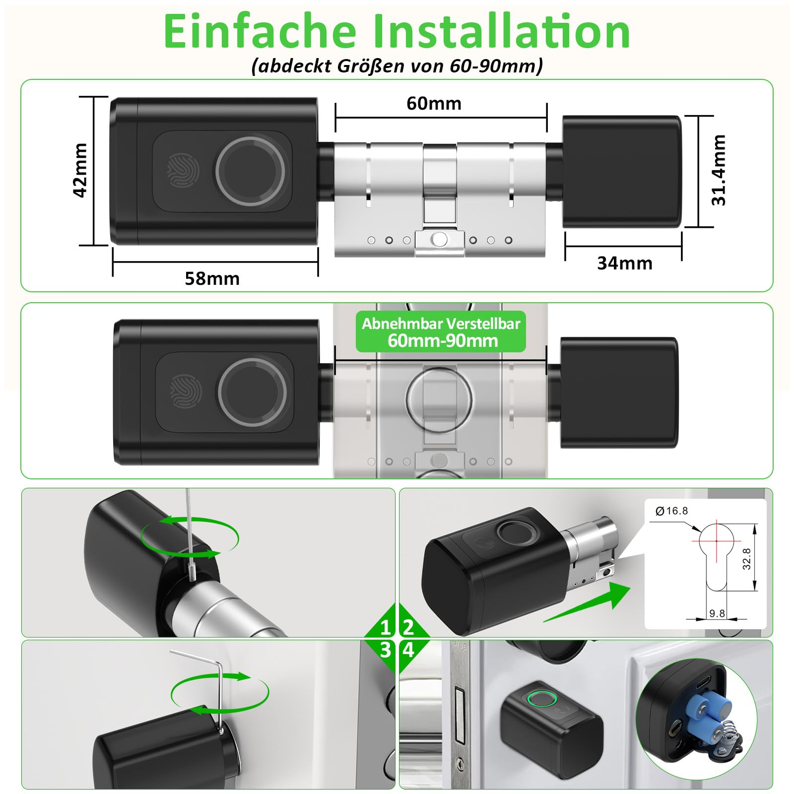 FITNATE Elektronisches Türschloss mit Fingerabdruck, 5-in-1 | App, Bluetooth, RFID, Passwort & Schlüssel, Verstellbar 60-80mm
