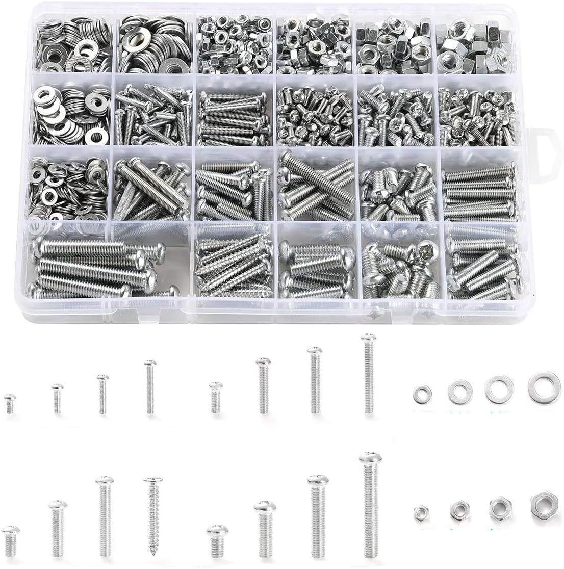 24 Types 1800pcs M3 M4 M5 M6 Phillips Pan Head Stainless Steel Bolts Screws Nuts Flat Gasket Washers Assortment Kit-Type 1