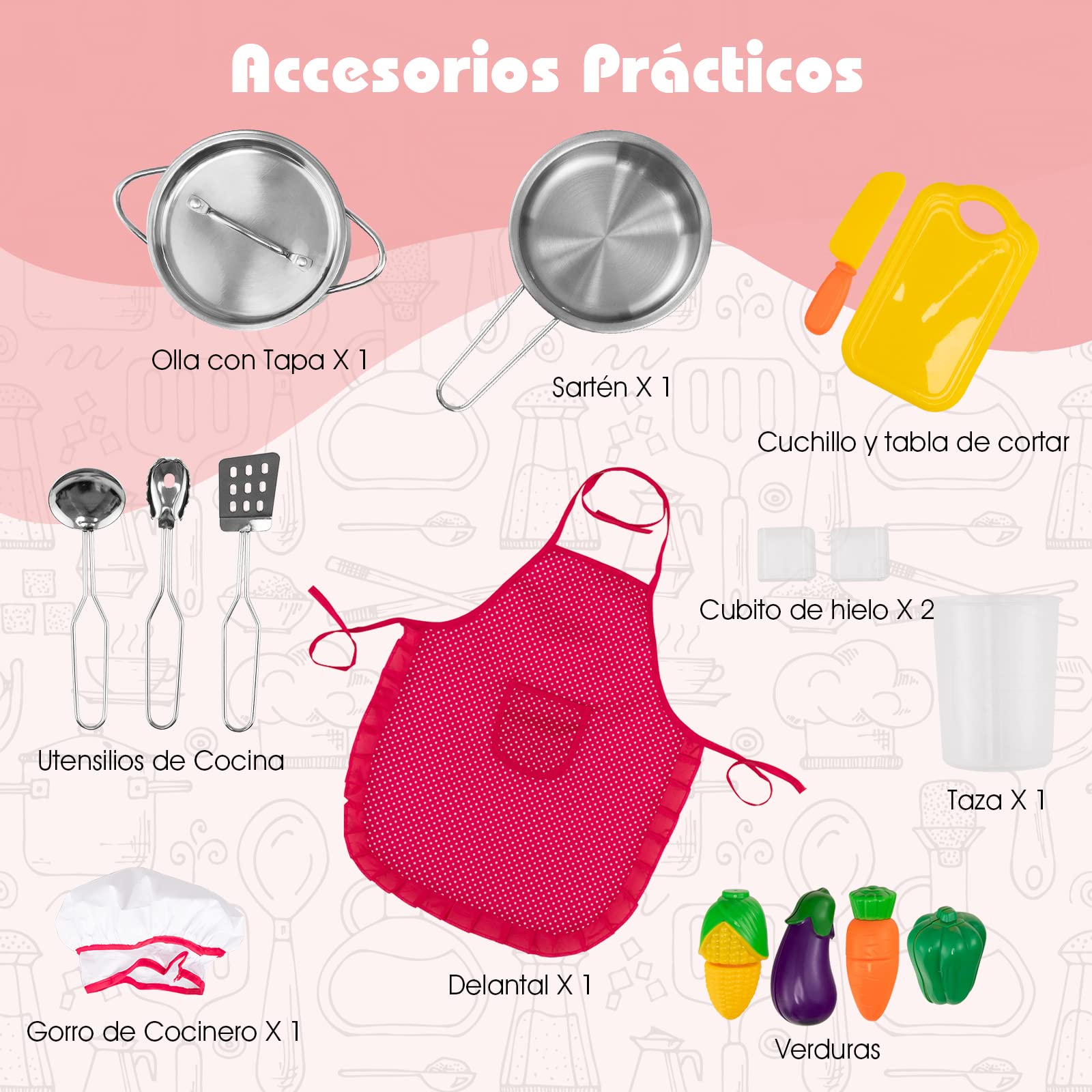 COSTWAY Cocina de Juguete de Madera para Niños, Juguete de Cocina con Delantal, Gorro de Cocinero, Accesorios para Ollas, Fabricador de Hielo, Sonidos y Luces Animadas, Cocina Infantil (Rosa)