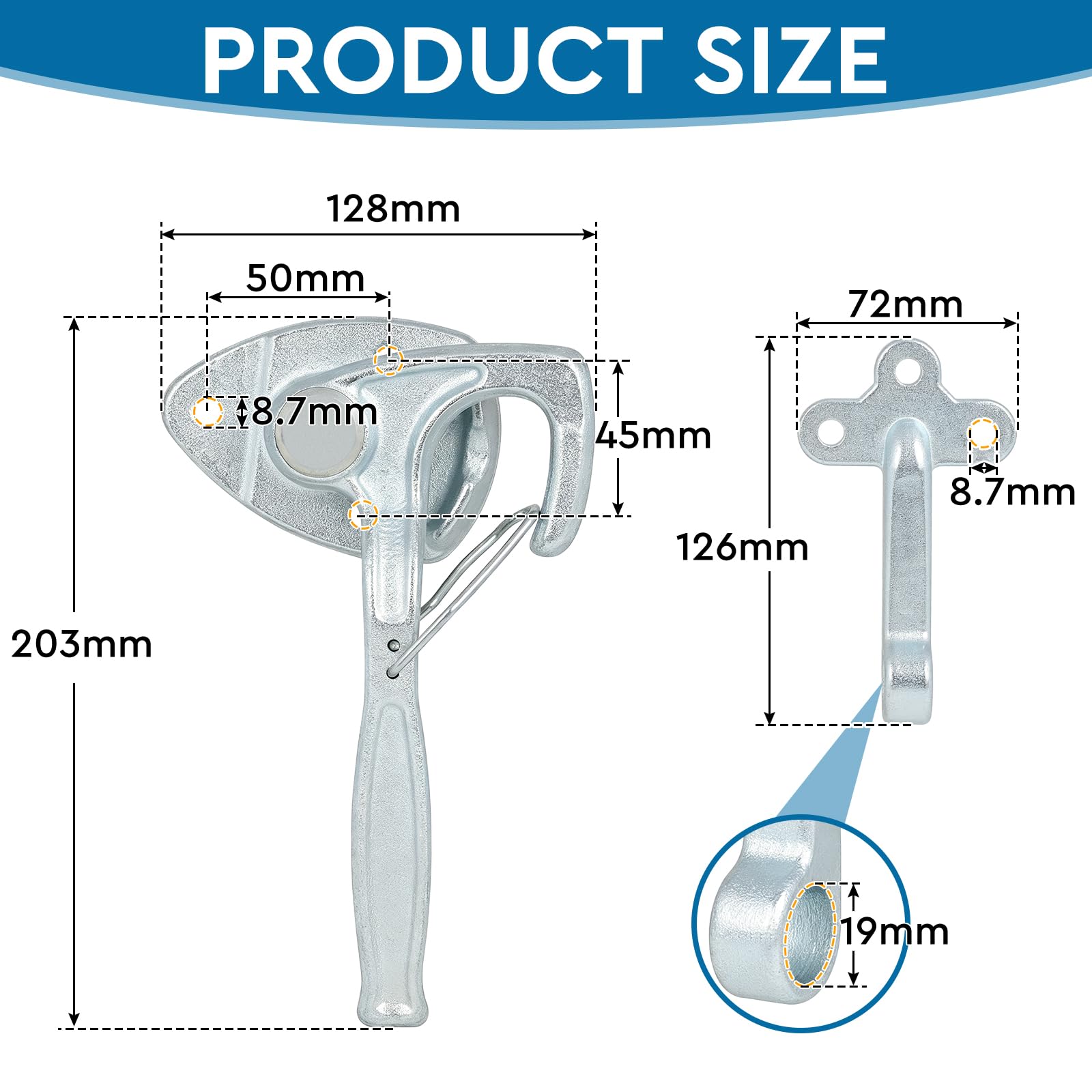 SWAWIS Akcesoria do przyczepy, średnica 203 mm, średnica 8,7 mm, zamknięcie na ścianę, zawieszka ocynkowana, zamknięcie z dźwignią kątową, z oczkami i uchwytem do samochodów ciężarowych, samochodów