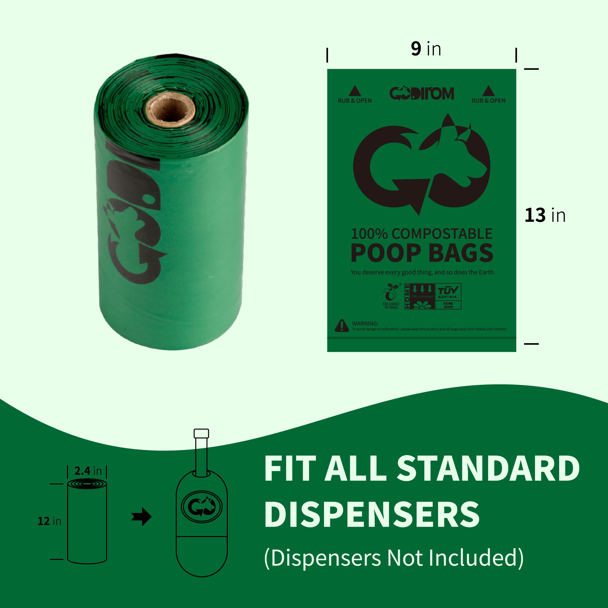 Bolsas certificadas 100% compostables para excrementos de perros, 270 unidades garantizadas a prueba de fugas y 20% extra gruesas, 18 rollos de bolsa para excrementos de perro, sin perfume,
