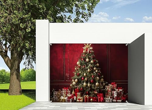 Miniatura 3 de Árbol de Navidad de 7 x 8 pies, decoración retro para puerta de garaje, decoración de pared roja, adornos de esfera dorada, regalos festivos,