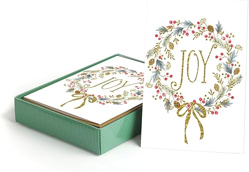Masterpiece Joy - Tarjetas de Navidad con corona de pino, juego de 16 tarjetas navideñas en caja con sobres de color dorado a juego, tarjetas de