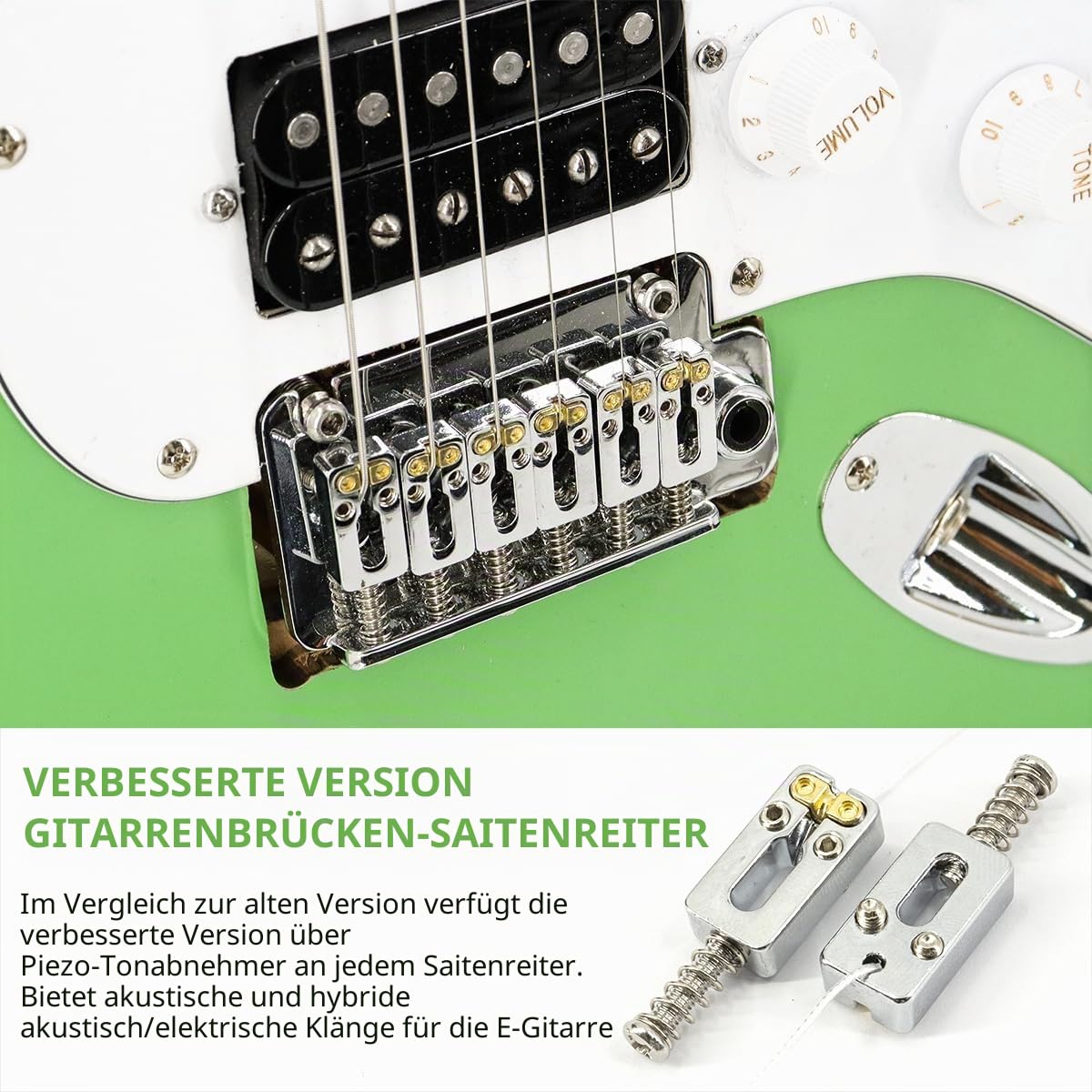 Piezo Bridge Pickup Upgraded Version Guitar Tremolo Bridge Sättel mit Piezo-Tonabnehmer 10,5 mm Saitenabstand für Strat oder Tele E-Gitarre, Chrom