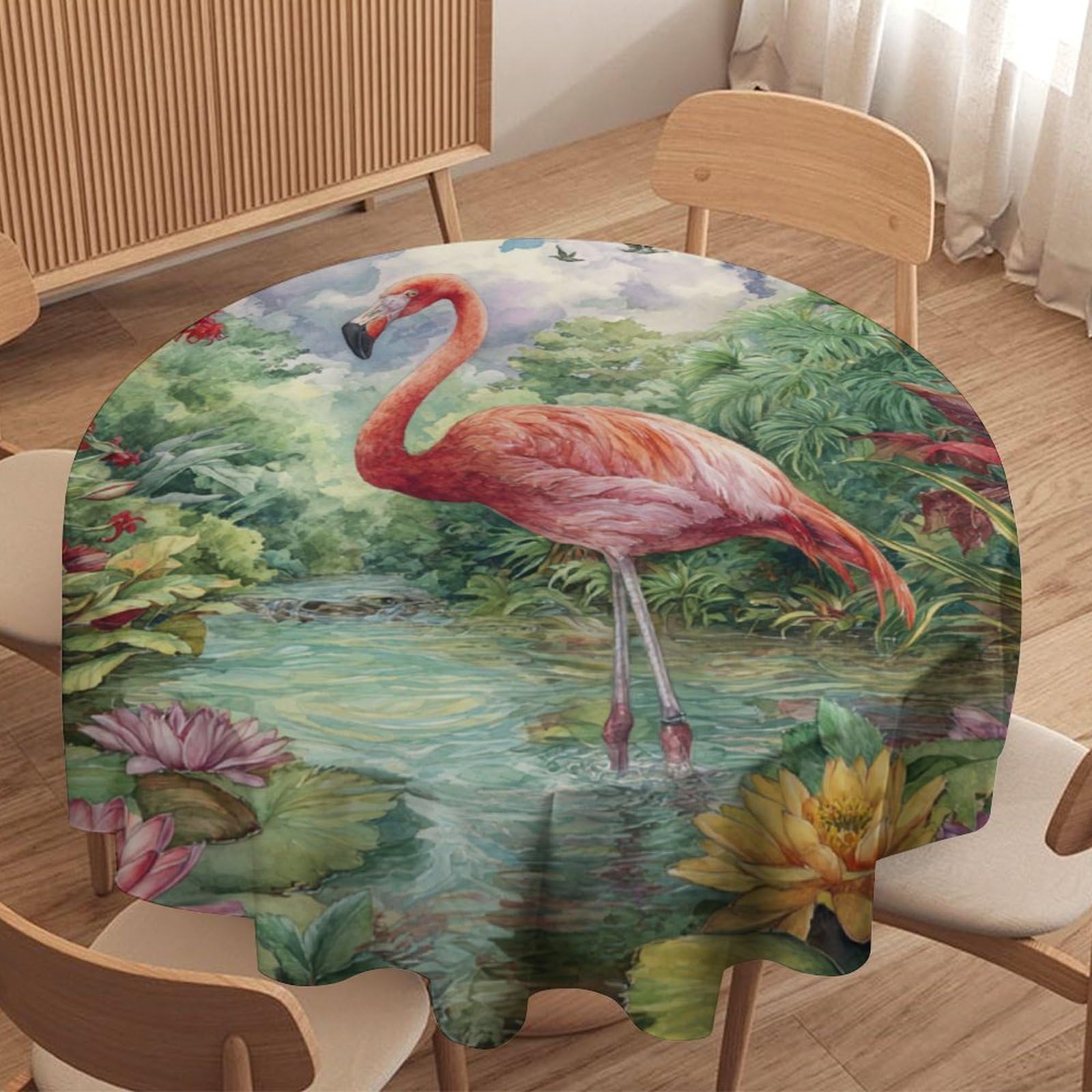 LUYYSKY Classic Rustic Bird Flamingos Waterproof Round Tablecloth Beautiful Oil Painting Tropical Plants Flowers Animals Flamingos Washable Table Cover for Kitchen-127 Wx127 L cm