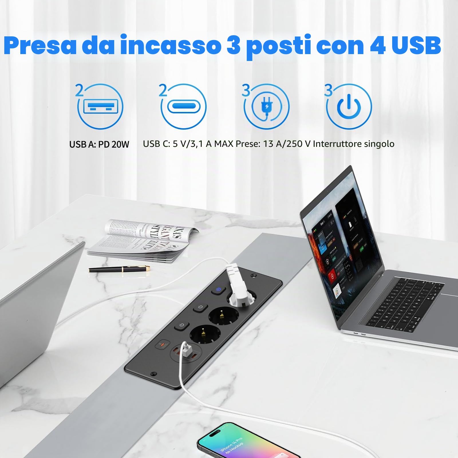 Presa da incasso USB, 3 presse da tavolo con interruttori singoli, ciabatta 2m, USB-C, presa per tavolo cucina, nero